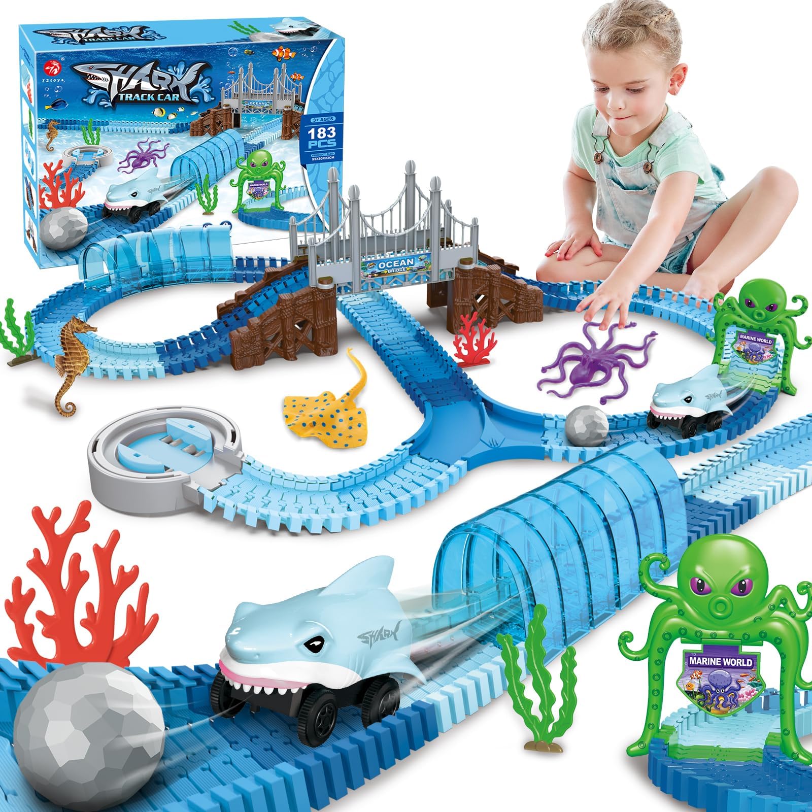 Track Toys 183 Pcs Shark Race Car Toys for Boys Girls 3 4 5 6 7 9 Year, Bendable Flexible Racetrack Cars with Shark & Ball, Ocean Theme Train Toys, STEM Educational Playset Birthday Gift