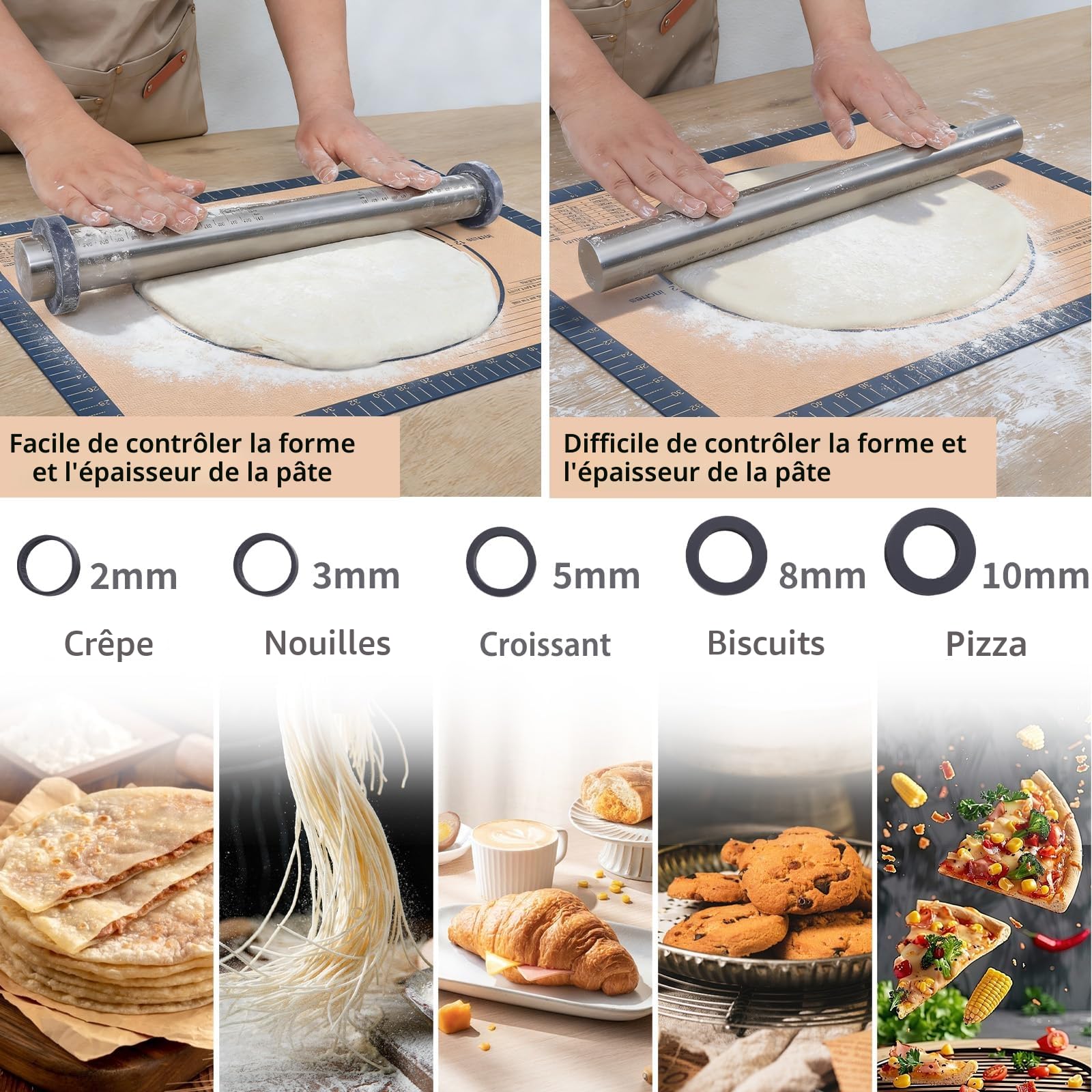 SUPER KITCHEN Rouleau à Pâtisserie Ajustable en Acier Inoxydable Avec 5 Anneaux Réglables, Tapis de Cuisson Tapis à Pâtisserie en Silicone Antidérapant 50x40 cm, Pour Pâtisserie, Pizza (Gris)