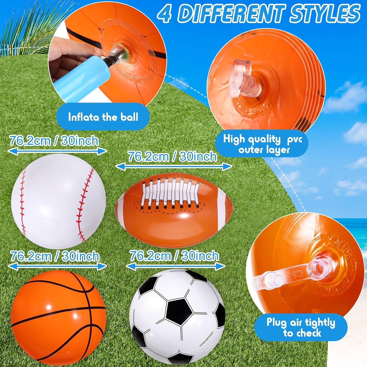 Sosation 4 Pcs Giant Inflatable Beach Ball 30inch Large Baseball Soccer Basketball Football 2.5ft Inflatable Sport Ball for Summer Pool Beach Outdoor Sports Themed Party(Various Style) image 2 of 8 B0BNL1CNYR