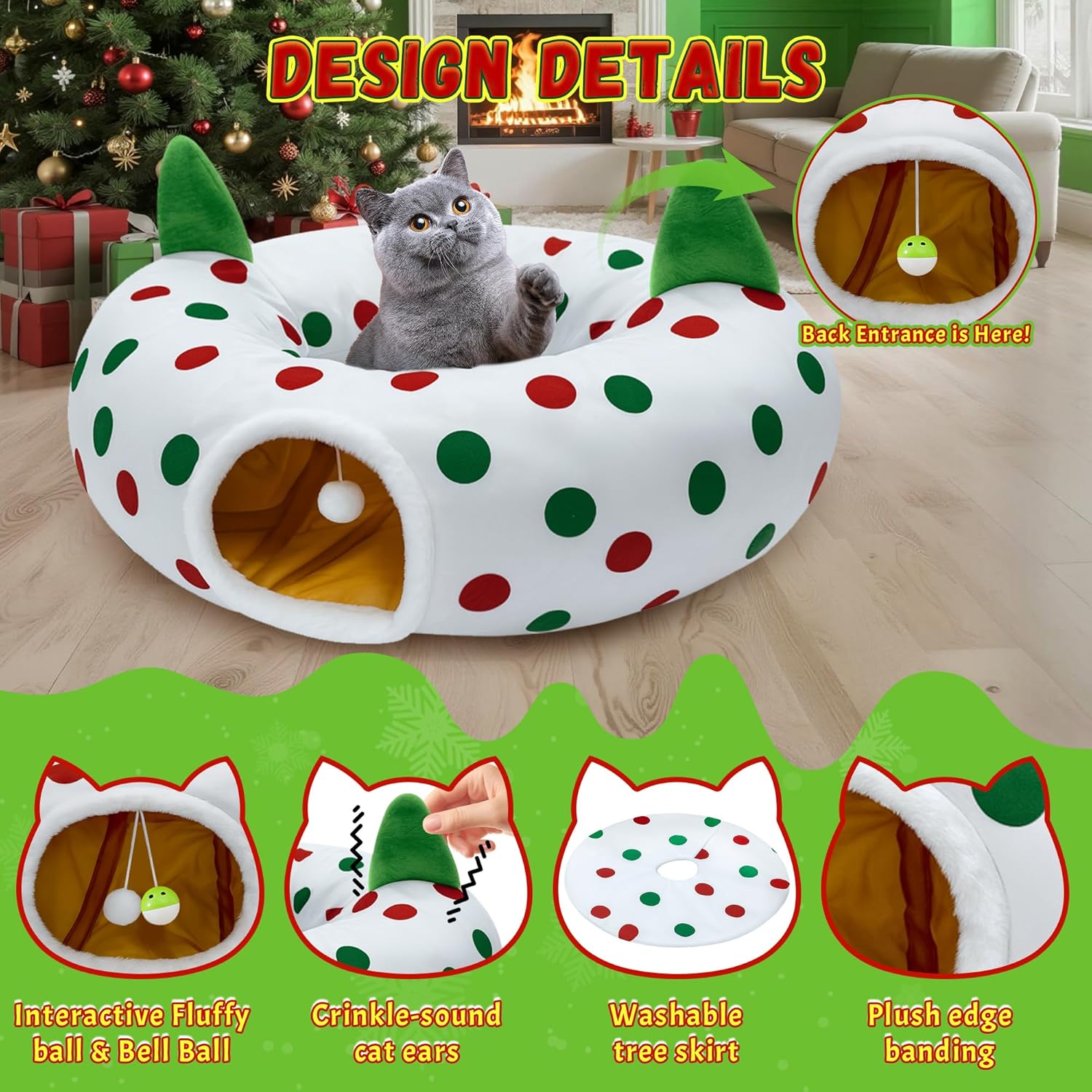 Cat Tunnel Christmas Tree Skirt, 3ft x 3ft x 9.8in Cat Tunnels for Indoor Cats, Red and Green Dot Cat Donut Tunnel with Hanging Ball and Cat Ears, Kitten Toys for Indoor Kittens Puppy Rabbit