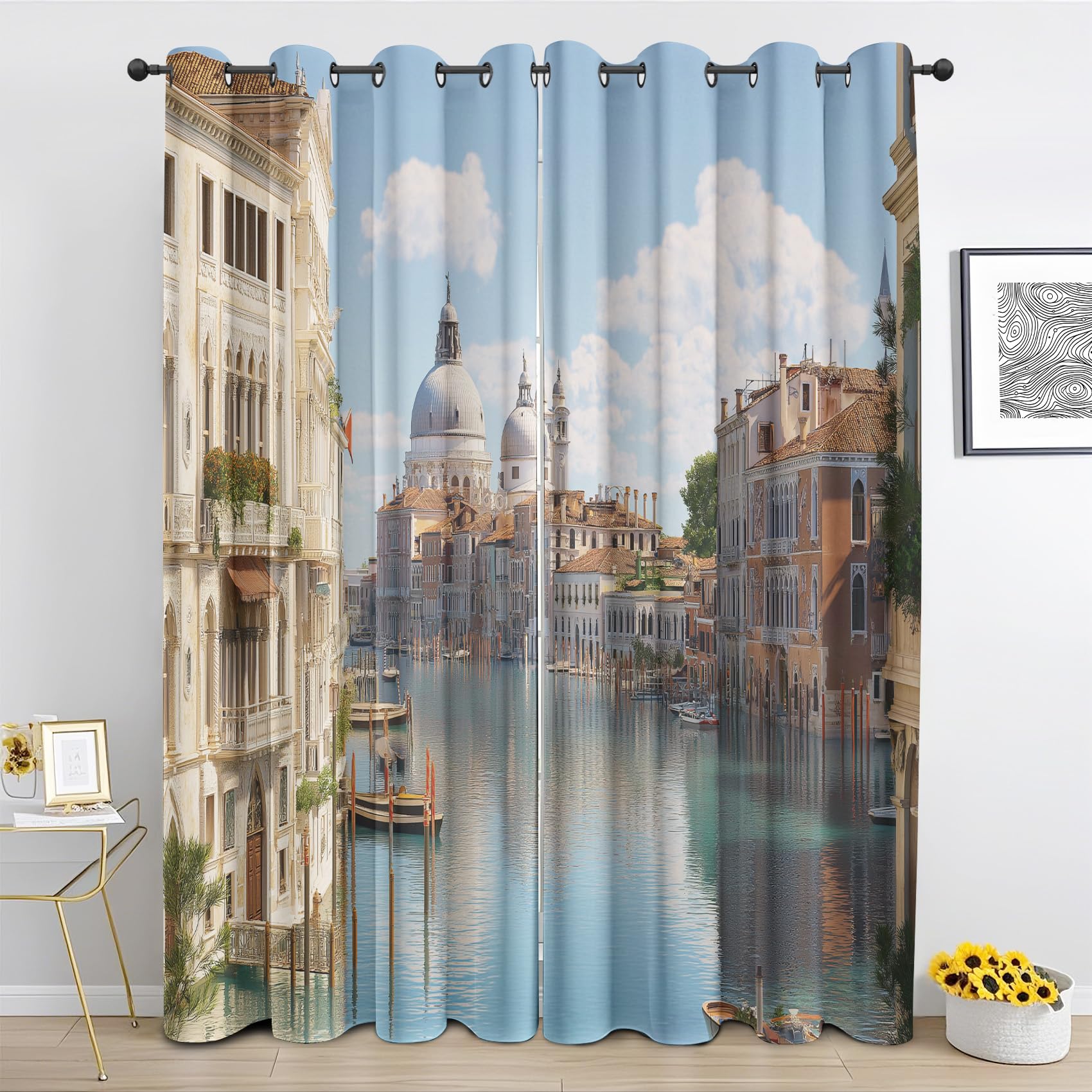 Italy Blackout Curtain, Mediterranean Seaside Town Landscape Curtains for Bedroom, Living Room Eyelet Curtain Thermal Window Curtains & Drapes 66 x 54 Inch Drop 2 Panels