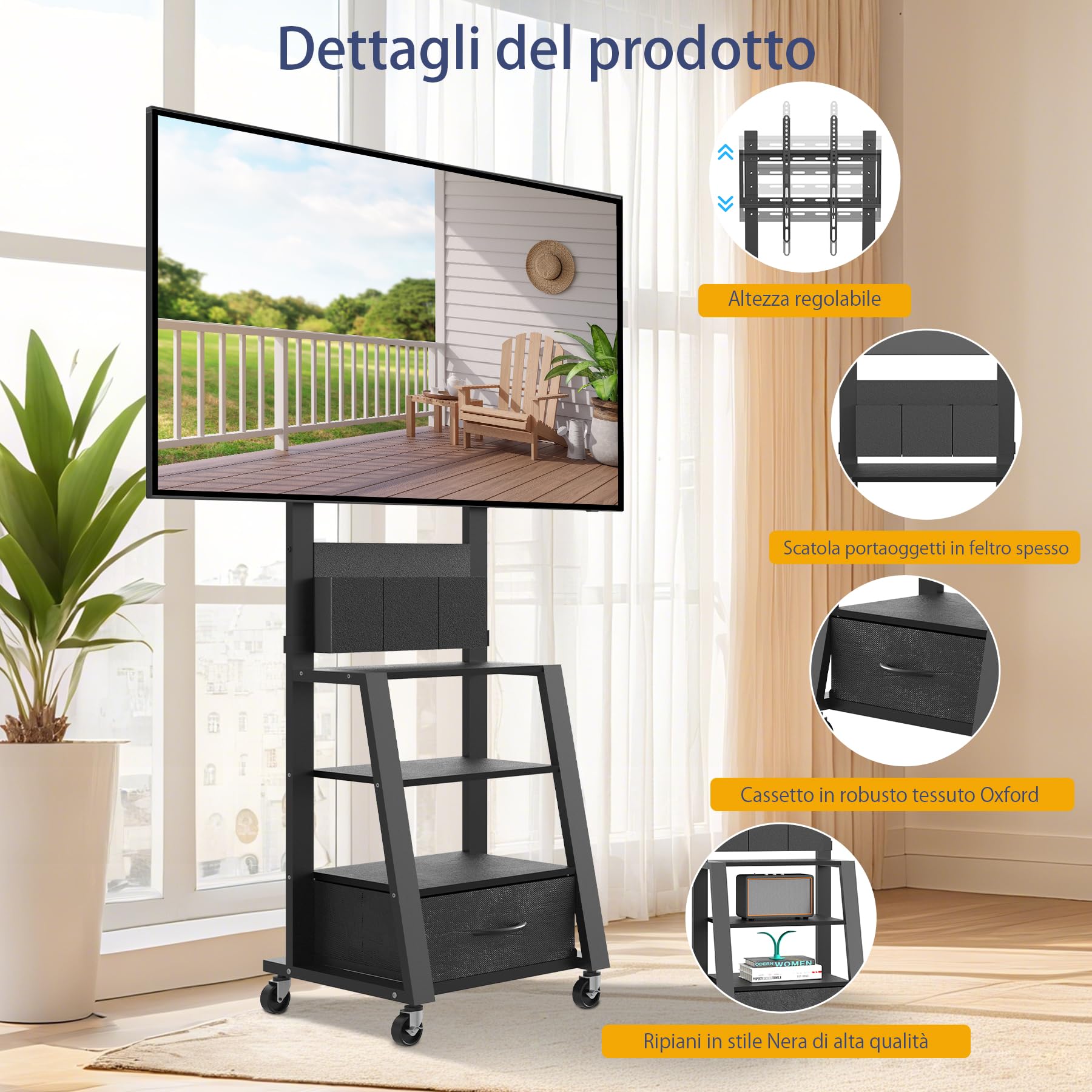 Mobile porta TV con ruote, cassetto e 3 ripiani per TV piatti/curvi da 23"-60", mas 72 kg, LCD/LED/OLED. Carrello mobile con altezza regolabile per casa, ufficio e esterni, VESA mas 400x400mm, nero
