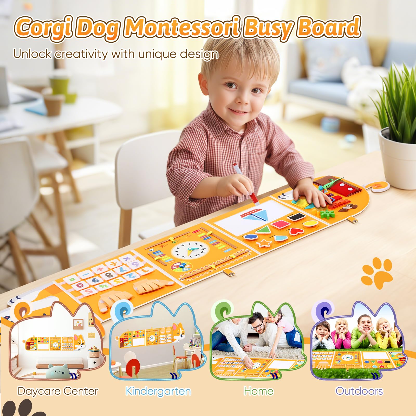 Joyibay Corgi Montessori Busy Board for Toddlers 3-6 Yrs, 14-in-1 Sensory Wall Toy with Calendar Clock Drawing Board, Portable Felt Activity Panel Kid Interactive Toy Ideal Dog Lover Gift