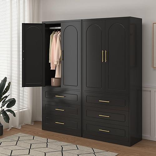 Miniatura 25 de Armario de metal, armario con barra para colgar, armario de almacenamiento de ropa con estantes y puertas ajustables, armario de ropa para