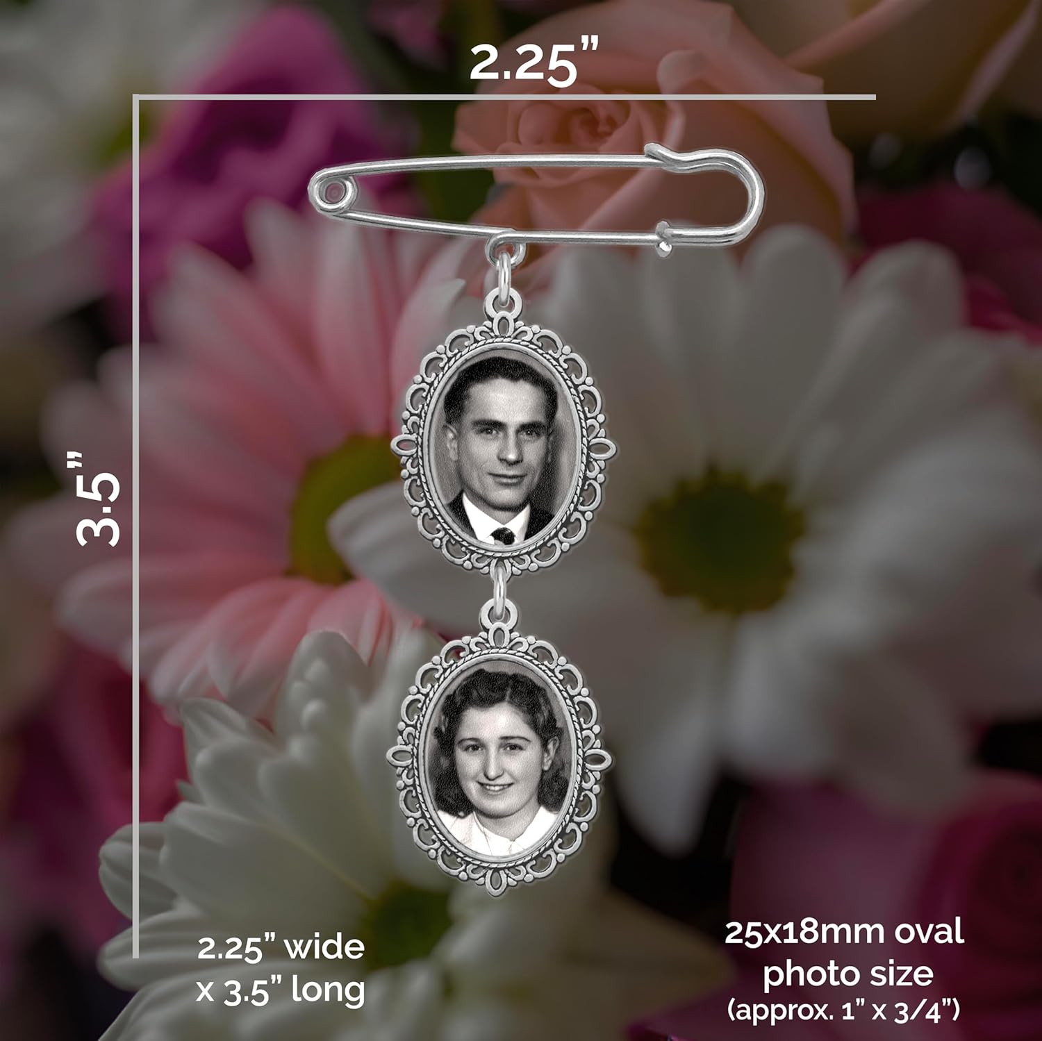 Wedding Bouquet Photo Charm Pin Cascading Double Oval Frame for Bride's Flowers or Boutonniere, Silver plate - Image 6