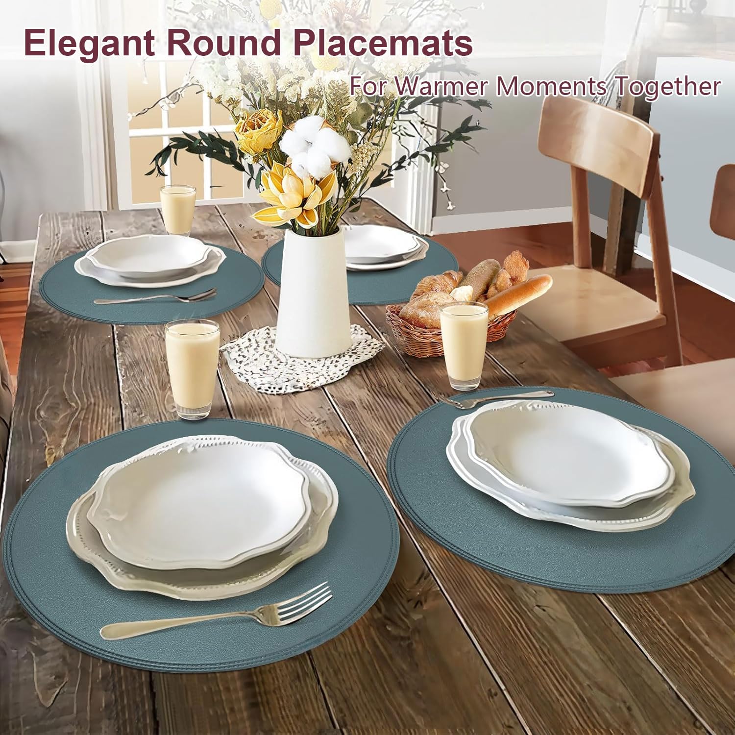 Rinpon Round Vinyl Placemats Set of 6, Faux Leather Waterproof Wipeable Heat Resistant Place Mats, Washable Oil-Proof - Image 3