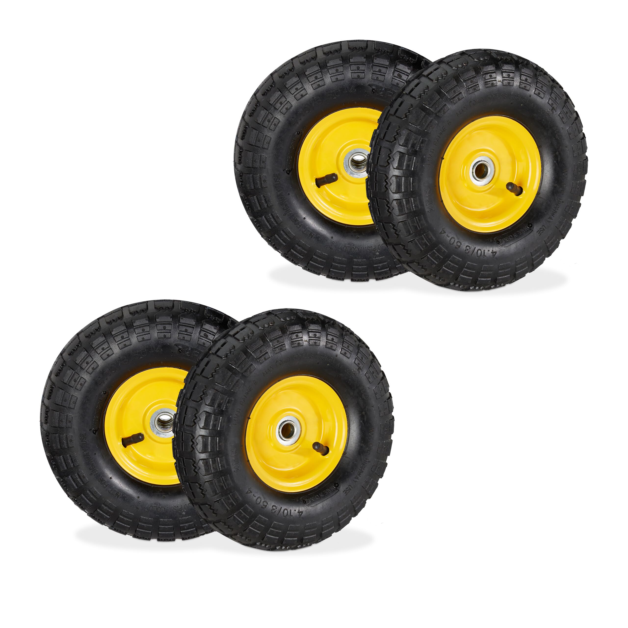 Relaxdays 4 Ruedas de Carro, 4.10/3.50-4, Neumáticas, Eje 16 mm, 136 kg, Llantas de Acero, 260 x 85 mm, Negro y Amarillo
