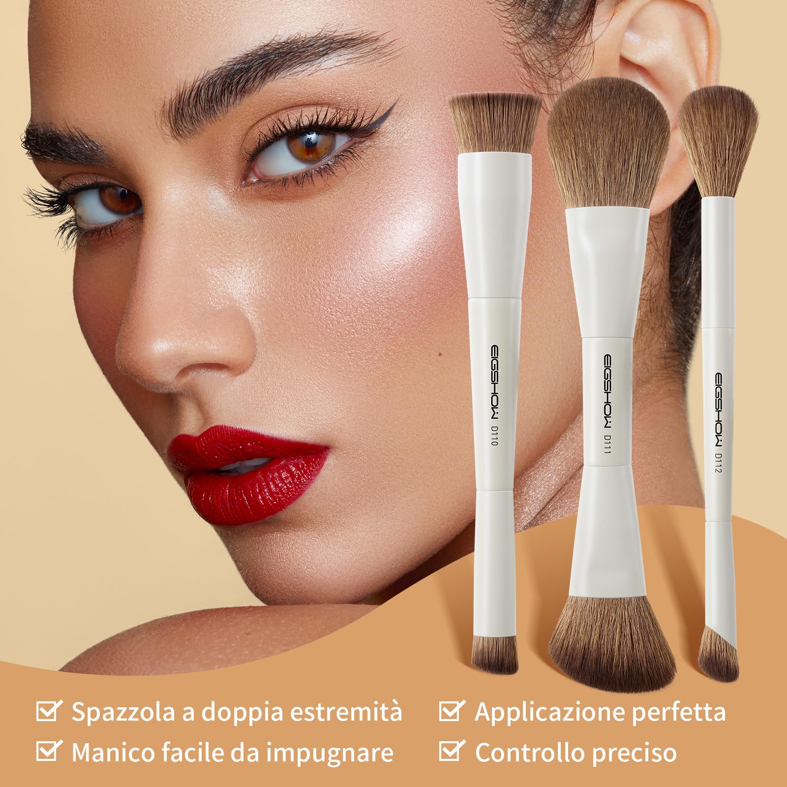 EIGSHOW Set di Pennelli per Trucco, Set Pennelli Make Up da 3 Pezzi, Set Pennelli Trucco con Due Estremità, Viso in Fibra Sintetica Morbida, Adatti per Polveri Liquide e Cremose, Beige