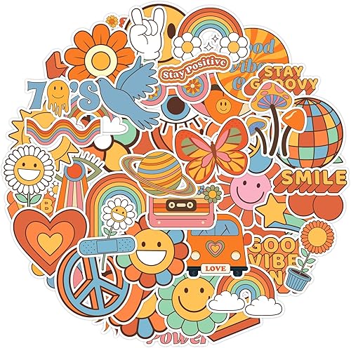 Miniatura 1 de 50 Pcs Hippie Stickers, Groovy Preppy Boho Daisy 70s RetroVinyl Waterproof Stickers Hippy Party Decorations Peace Sign Stickers for Laptop, Car,
