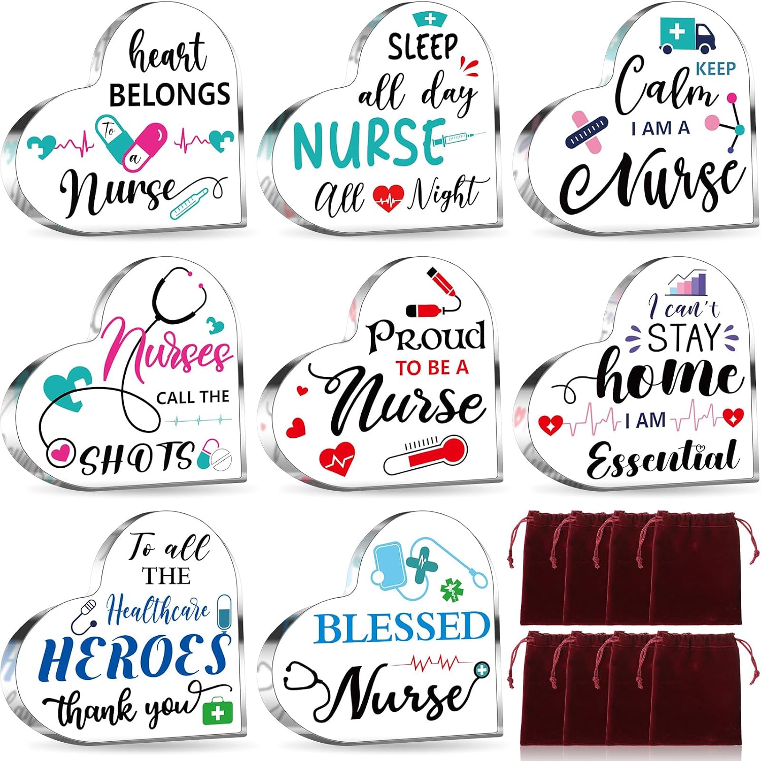 Chunful 8 Pack Nurses Gifts for Women Bulk Nurses Appreciation Gifts Acrylic Keepsake and Paperweight Red Thank You Plaque with Velvet Bag for Cna Week Office Decor