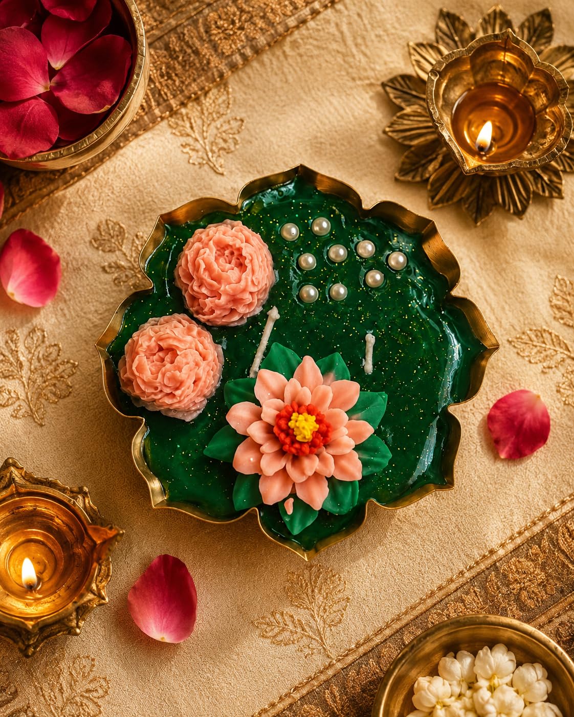 Lotus Urli Candle, Vanilla & Rose Scented Pearl Beads Floral Design- 200g | 12 Hours Clean Burn Decorative Candle for Puja, Weddings, Yoga, Hotels, Spa, Festive Decor, Wedding, Gifting, Home Styling-image-22