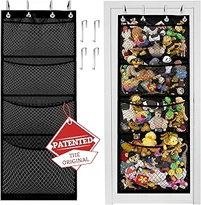 Honeyera Storage for Stuffed Animal,Over Door Organizer for Stuffies, Baby Accessories,Easy Installation with Breathable Hanging Storage Pockets Big Girls Chair Toddler Large Bag (Black, 72x24)