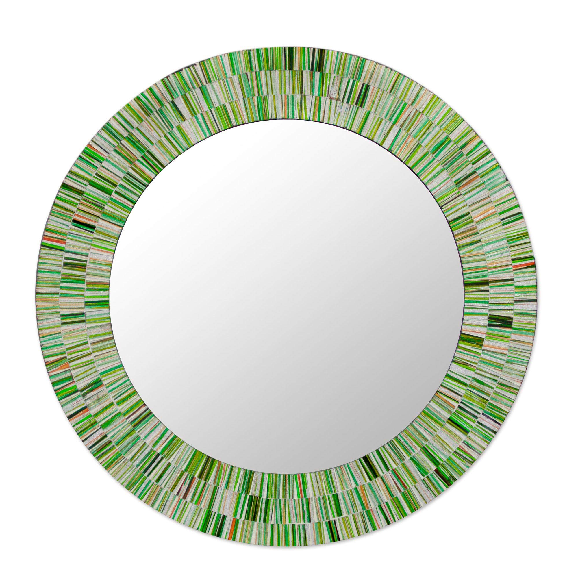 NOVICAGreen and Blue Glass Mosaic Wood Framed Round Decorative Wall Mounted Mirror, 20" Diameter, 'Aqua Fantasy'