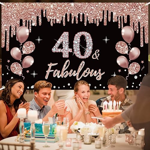 Miniatura 5 de Cartel de decoración de cumpleaños número 40 para mujer, decoración de cumpleaños de 40 años de oro rosa, suministros de fiesta, fondo de cumpleaños