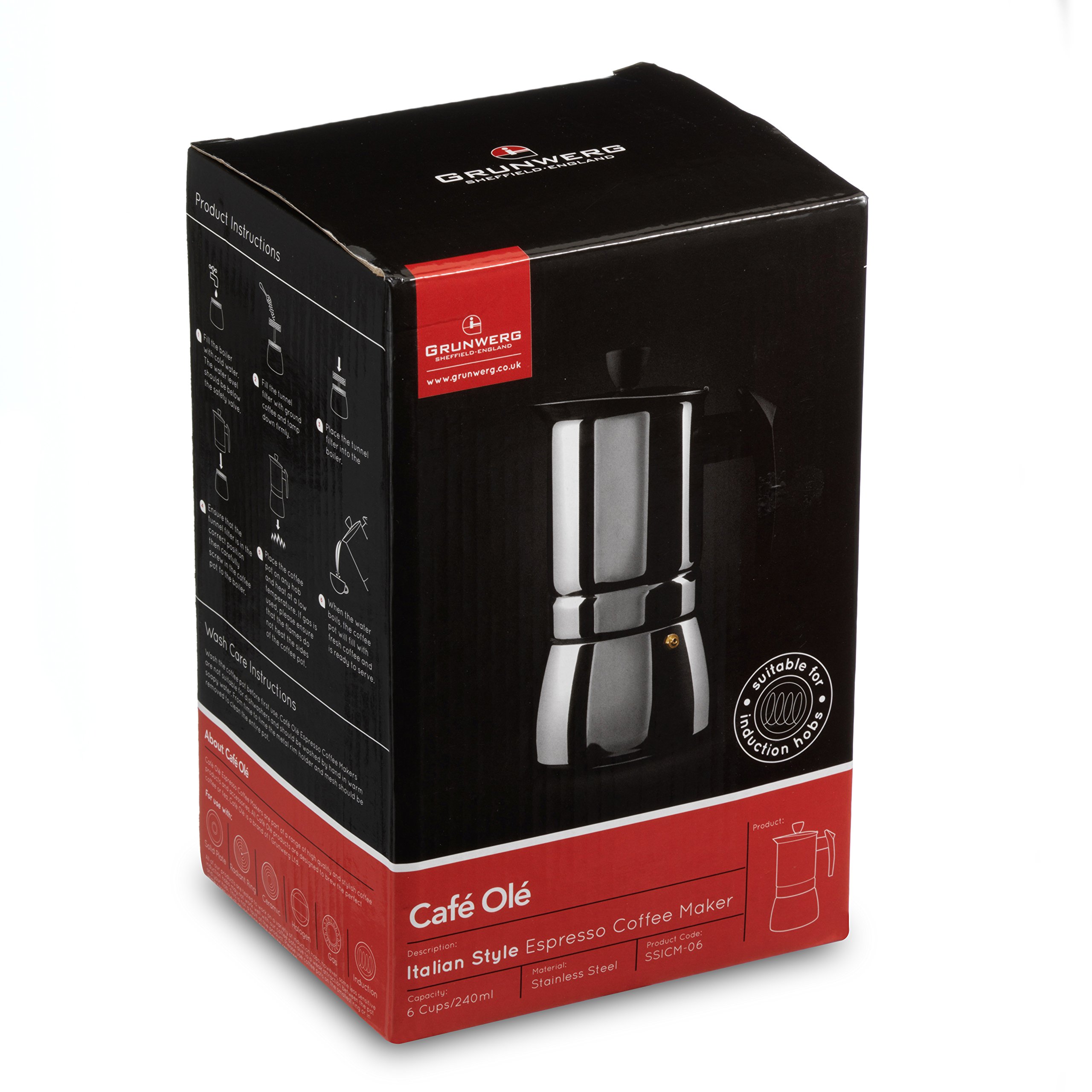Cafe Ole de Grunwerg - cafetera Espresso Estilo Italiano de Acero Inoxidable. 9 Tazas., Acero Inoxidable, Plateado, 4 Cup