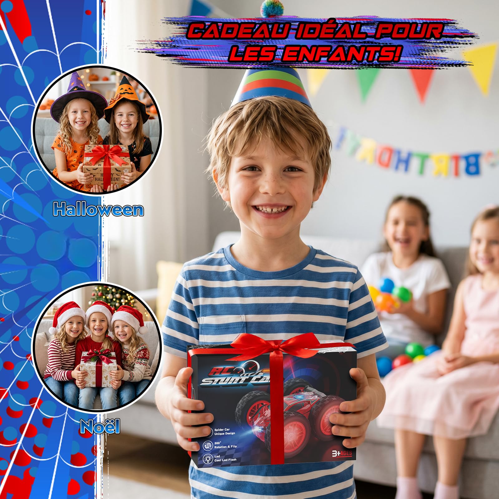 Voiture Télécommandée Spider Jouet, 2.4GHz Voiture Radiocommandée avec LED, Stunt Remote Control Car Jeux Extérieur, 360° Rotation RC Crawlers, Noël Anniversaire Cadeau Garçon Fille Enfant 3+ Ans