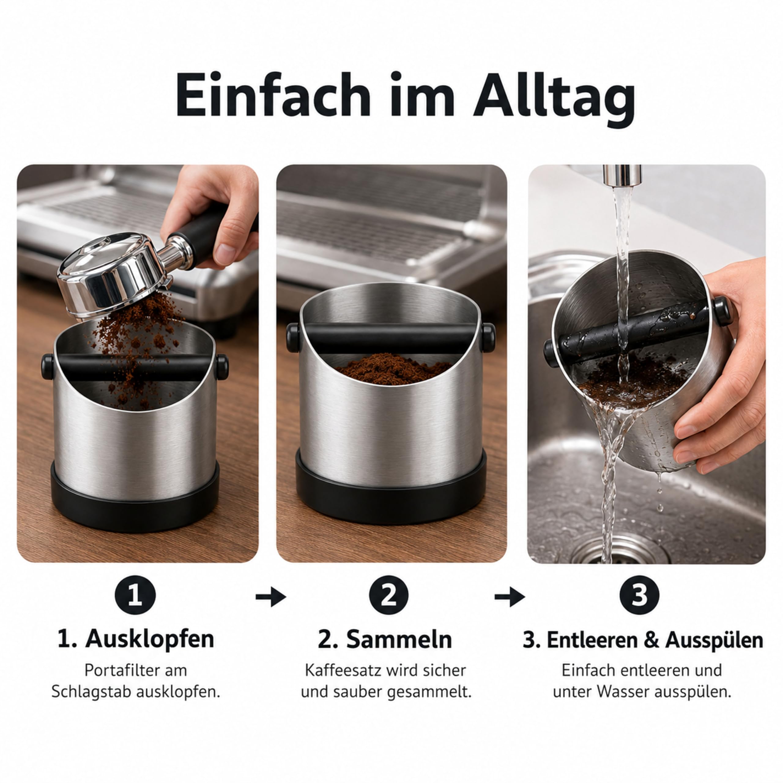 URMONA Knock Box per Espresso, Contenitore Fondo Caffè 1,3L in Acciaio Inox, Abklopfbehälter con Barra Rimovibile e Base Antiscivolo, Accessorio per Macchina Caffè Delonghi Sage Ninja (Argento)