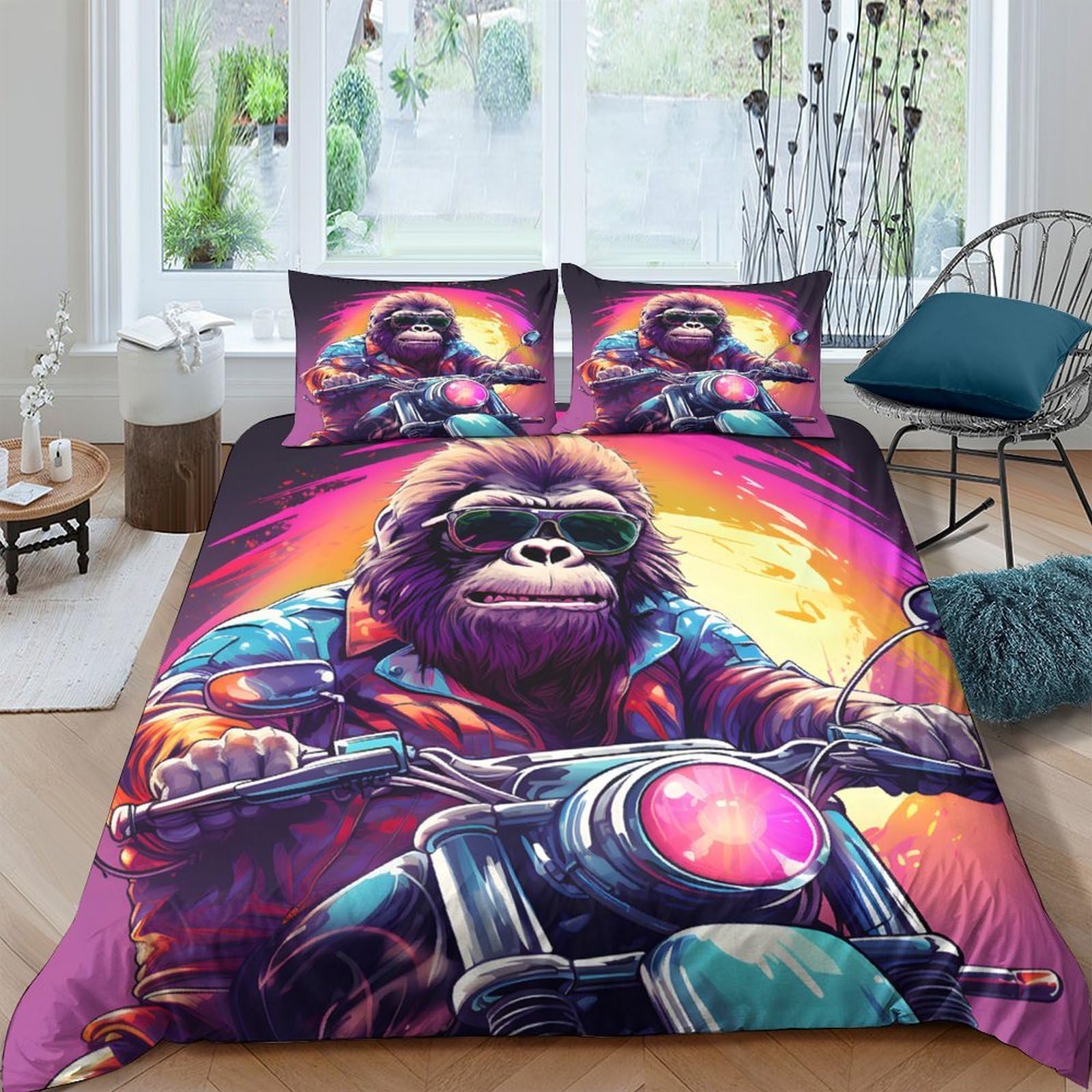 Ctjqhvkz Style-10 3D Printed Gorilla Motorcycle Fitted Sheet Microfiber Vibrant Retro Sunset Bed Cover For Bedroom Dorm Mattress Decor Single（135X200cm）