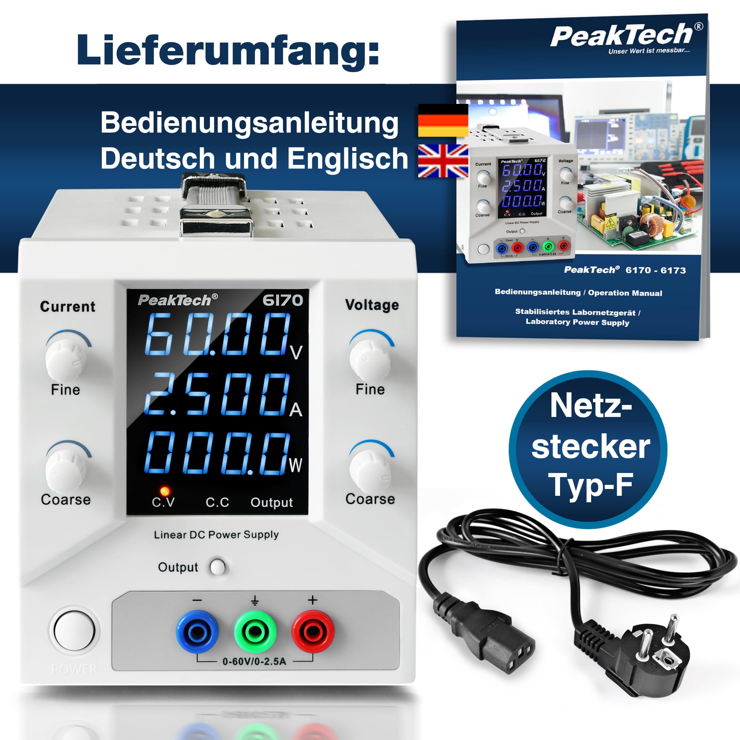 PeakTech 6170 - Alimentatore da laboratorio 0-60 V/0-2,5 A DC SELV lineare con trasformatore di separazione, alimentatore di rete da laboratorio