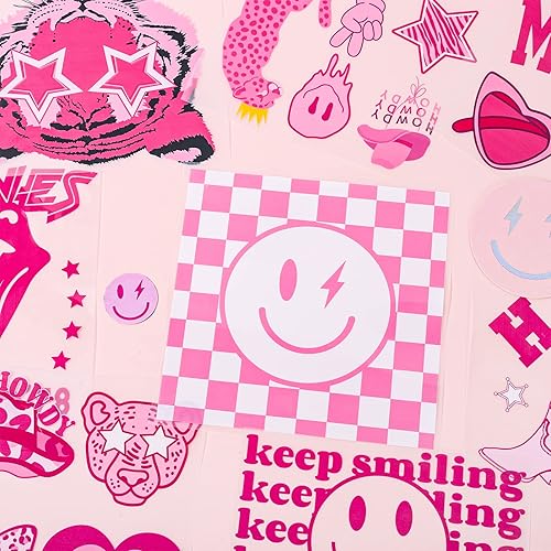 Miniatura 4 de Whaline 8 hojas de calcomanías de vinilo de transferencia de calor, color rosa intenso, parches de vinilo HTV para planchar, cara sonriente,