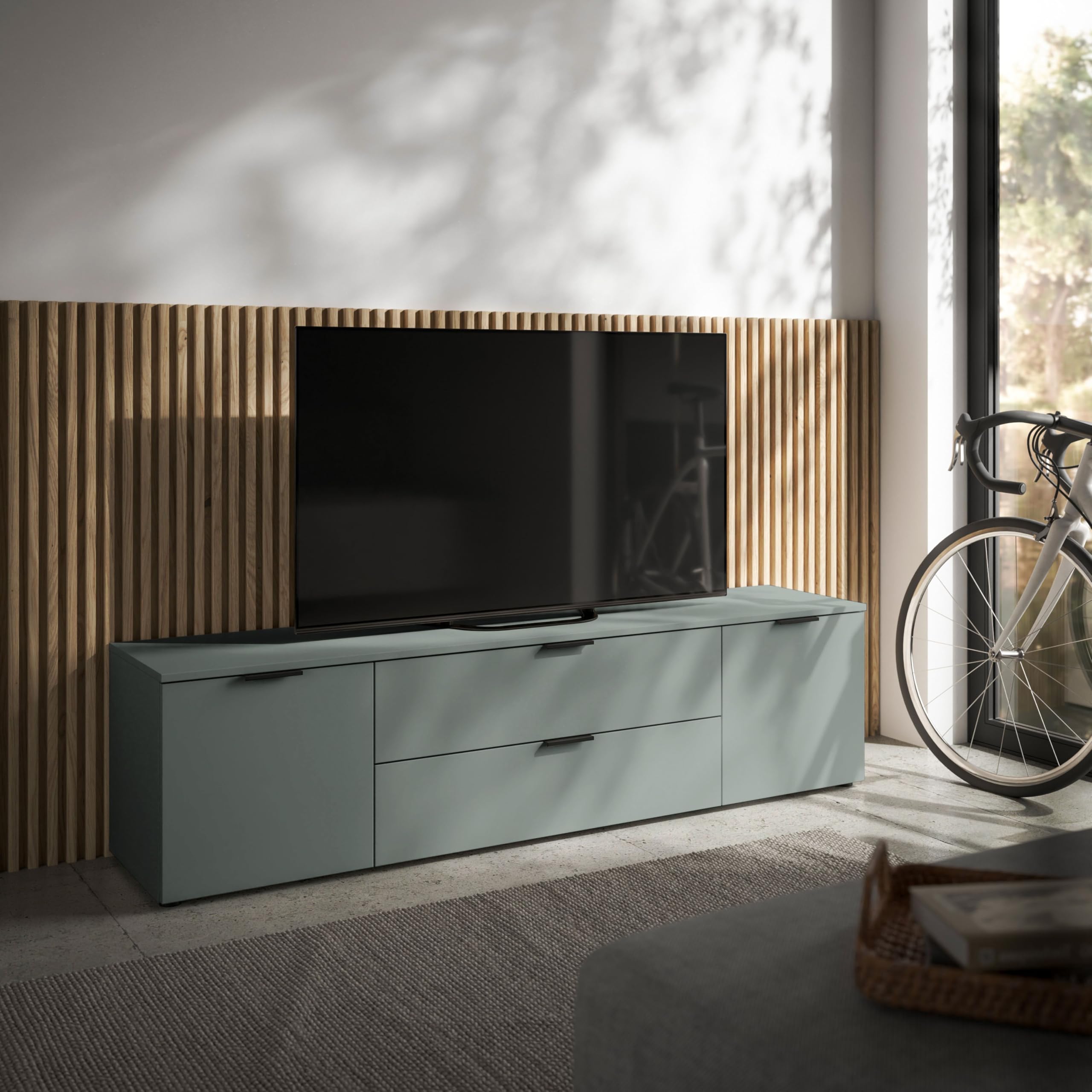 LINZ Meuble TV Bas, Couleur Sauge, Meuble TV Moderne, avec tiroirs et Beaucoup d'espace de Rangement, 180 x 47 x 40 cm (l x H x P)