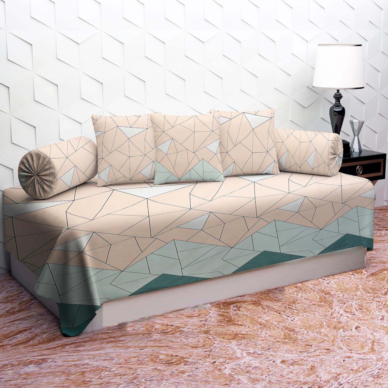 IVAZA 220 TC Diwan Set Covers Polycotton 6 Pieces Pure Cotton Designer Printed Standard Diwan Set (1 Single Bedsheet, 2 Bolster Covers, 3 Cushion Covers) Pastle Green-image-9