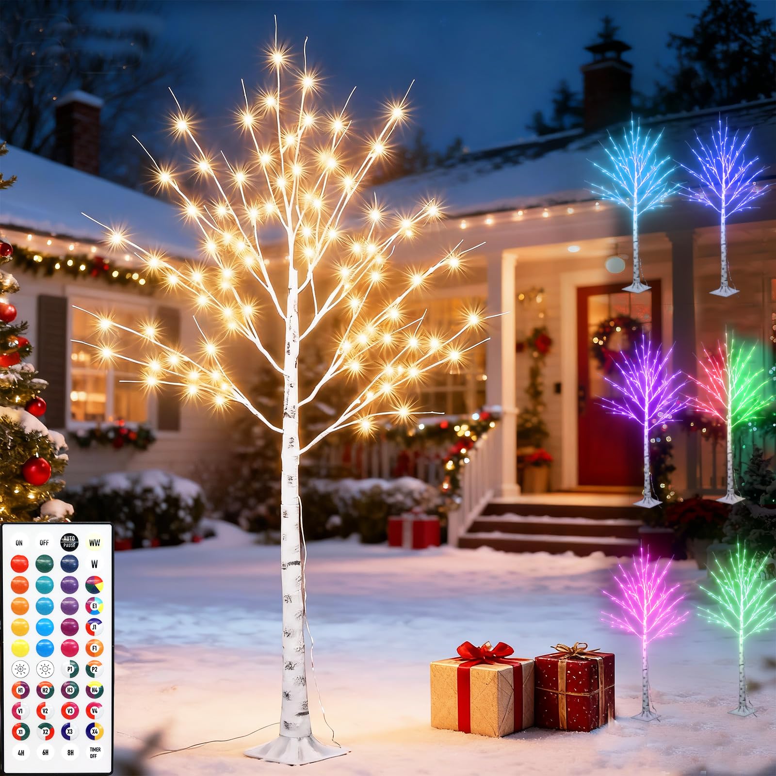 Outdoor Colorful Lighted Birch Tree for Christmas Decoration 5FT, Color Changing Light Up LED White Tree Pink Multicolor Green Artificial Birch Branch with Remote for Home Holiday Wedding Party Decor