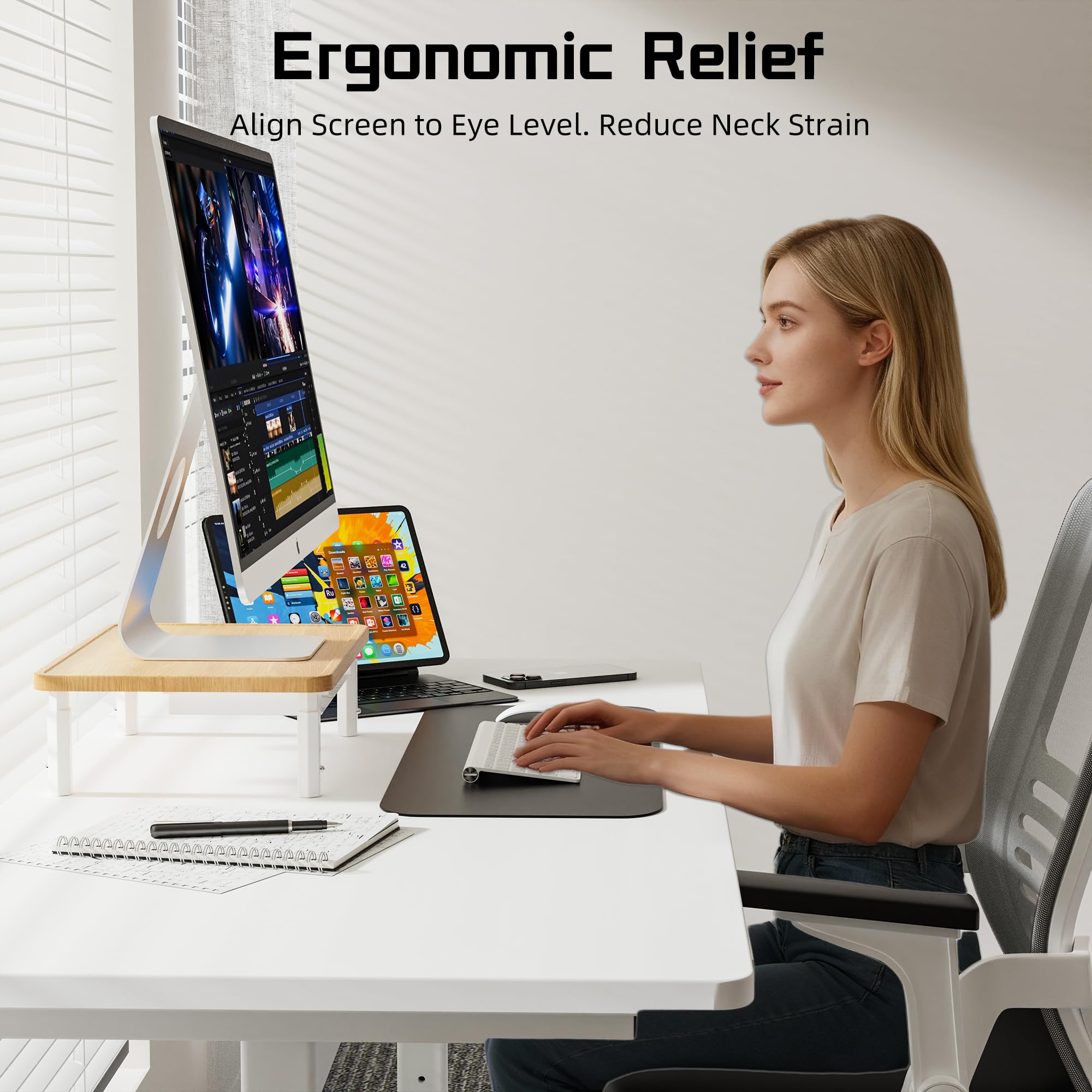 ETHU Supporto per monitor regolabile a 3 altezze, alzata da scrivania in legno con cassetto portaoggetti per monitor e stampante portatile, organizer da scrivania da 37,5 x 28,5 cm, può contenere 25