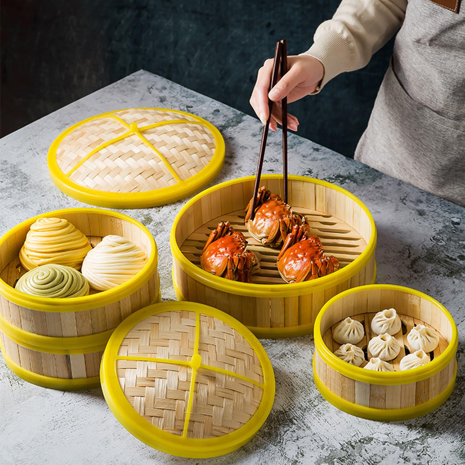 14 cm Bambus-Dampfgarer, traditionelles Design, chinesischer Dampfgarer, zwei Ebenen mit Deckel und Gummiring, geeignet für Dim Sum und Gemüse, Dämpfen kleiner Knödel