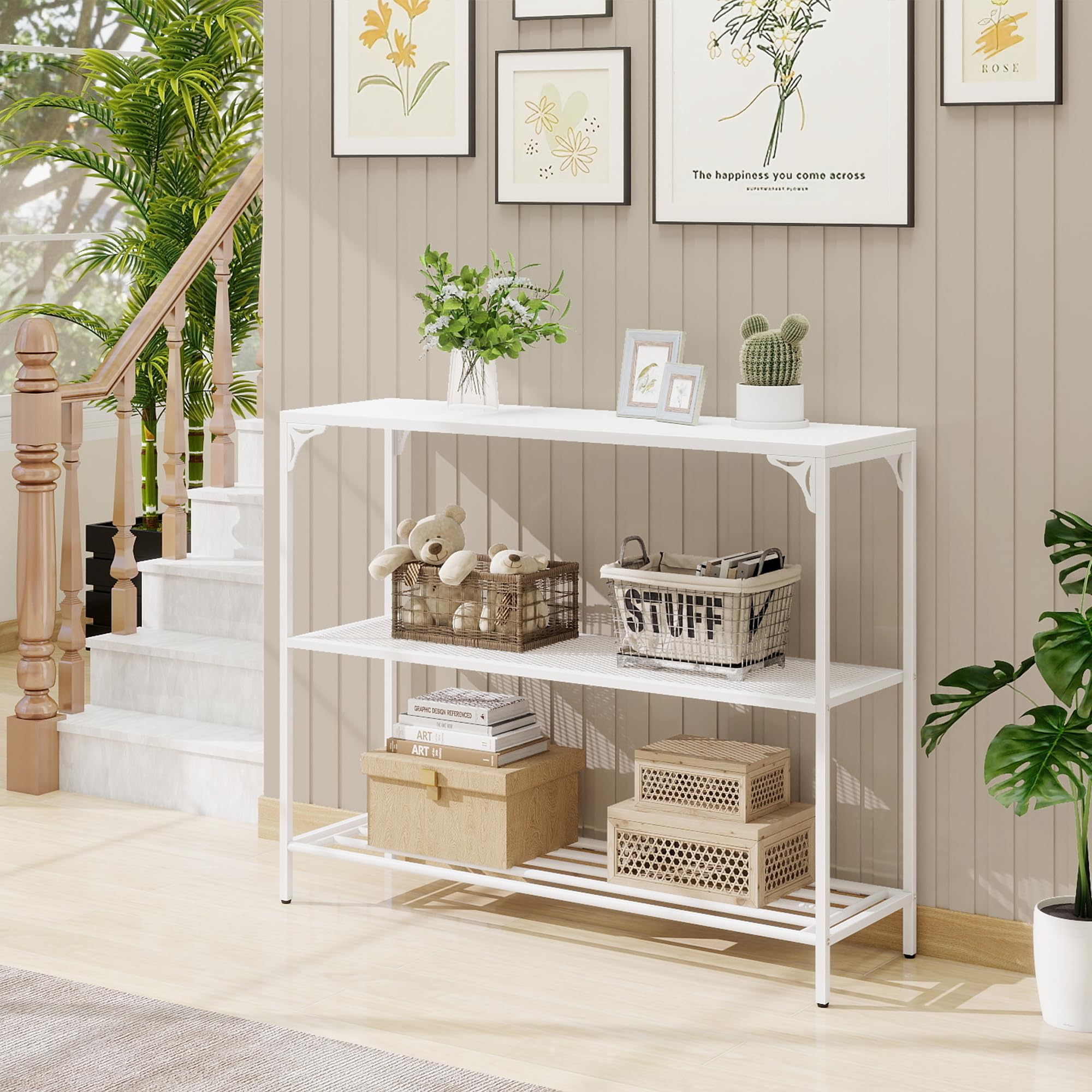 HDANI Consolle Ingresso,Tavolo Console con 2 Ripiani di Rete Metallica,Tavolino da Divano, Corridoio,Entrata,Soggiorno,100 x 30 x 80cm,Stile Industriale,Bianco