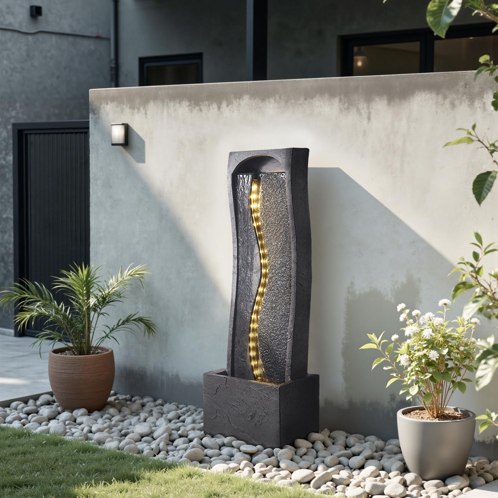 VEVOR Fontana da Esterno, Fontana e Cascata da 340 x 220 x 980 mm, Fontane a 1 Livello con Base in Pietra da Pavimento con Luce LED e Pompa, per Esterni, Interni, Giardino, Casa, Patio e Cortile