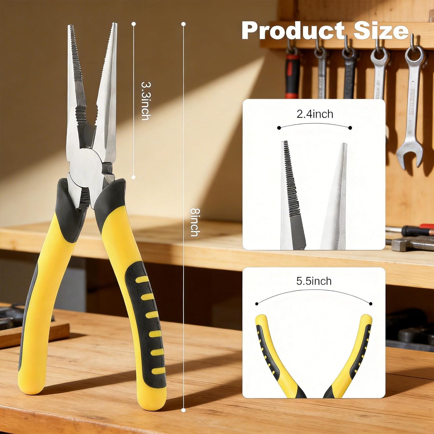 8 Inch Long Nose Pliers, Steel Hand Tool with Non-Slip Handle for Gripping/Cutting and Bending Grip, Electrician Repair Tool