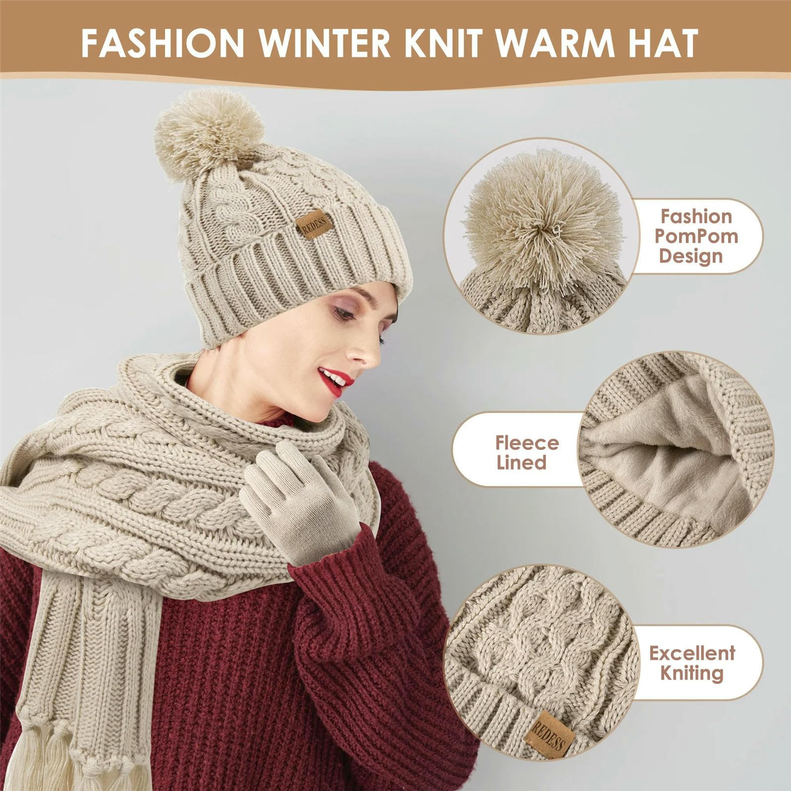 Mütze,Schal & Handschuh-Sets Wintermütze Für Damen Mit Gedrehtem Bommel Und Fleecefutter Sowie Set Aus Strickhandschuhen Schal, Geeignet Zum Warmhalten -beige-einheitsgröße