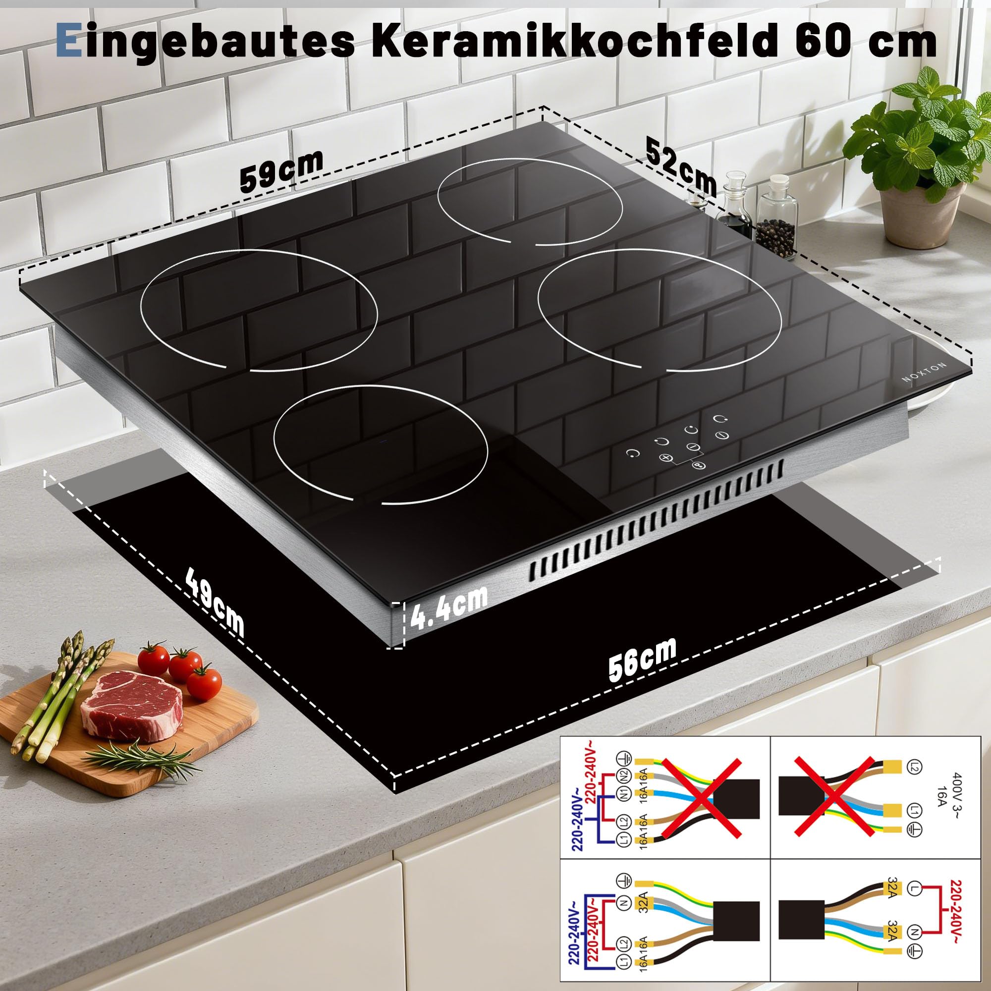 NOXTON Glaskeramikkochfeld 4 Platten 60 cm 9 Heizstufen Touch-Steuerung 220V-240V 6000W