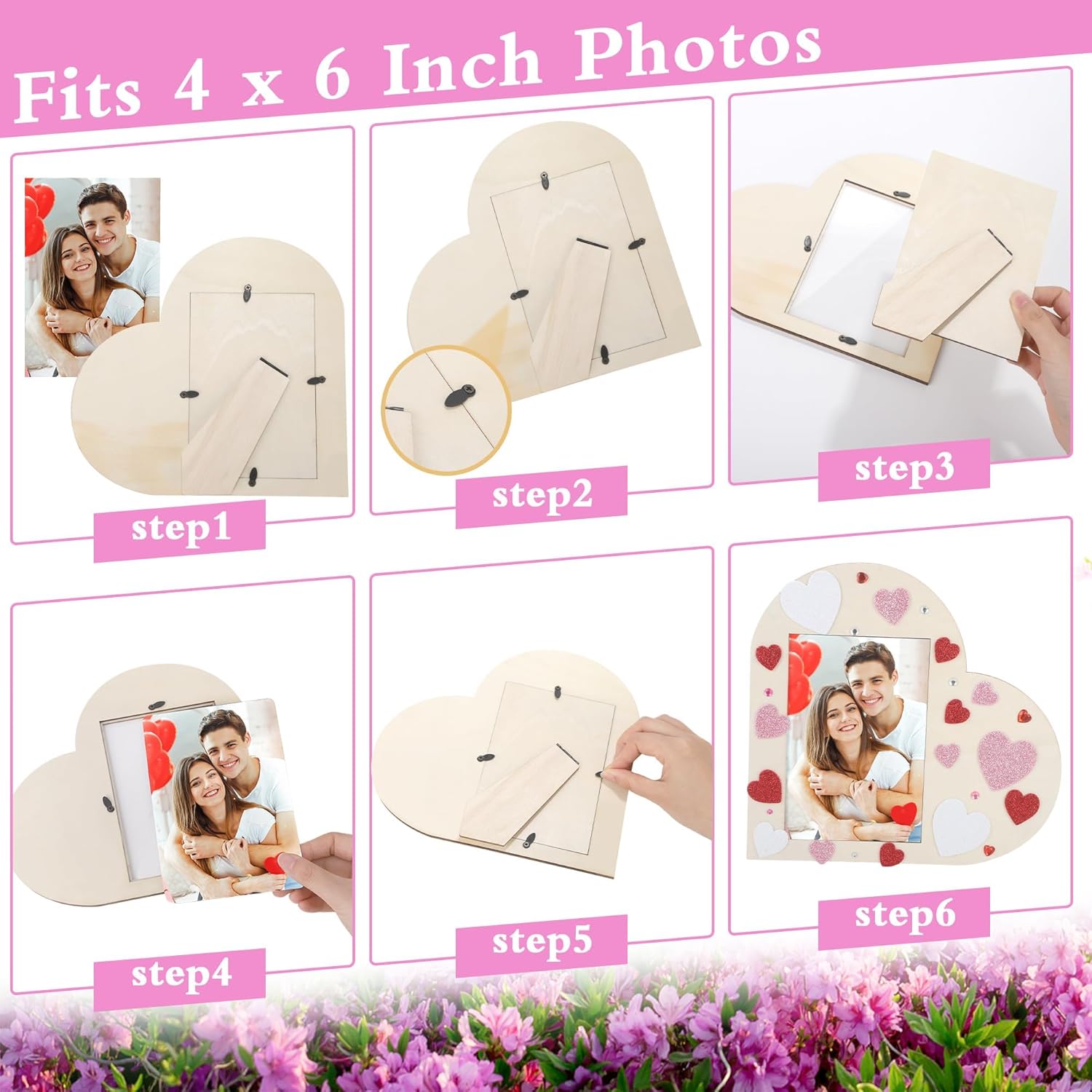 Aneco 6 Pieces Valentines Heart Picture Frame with Protector Panel Unfinished Wooden Frames Craft Kit with 120 Foam Heart Stickers Brushes Paints Decorative Postcard Frames for 4 x 6 Inch Photos