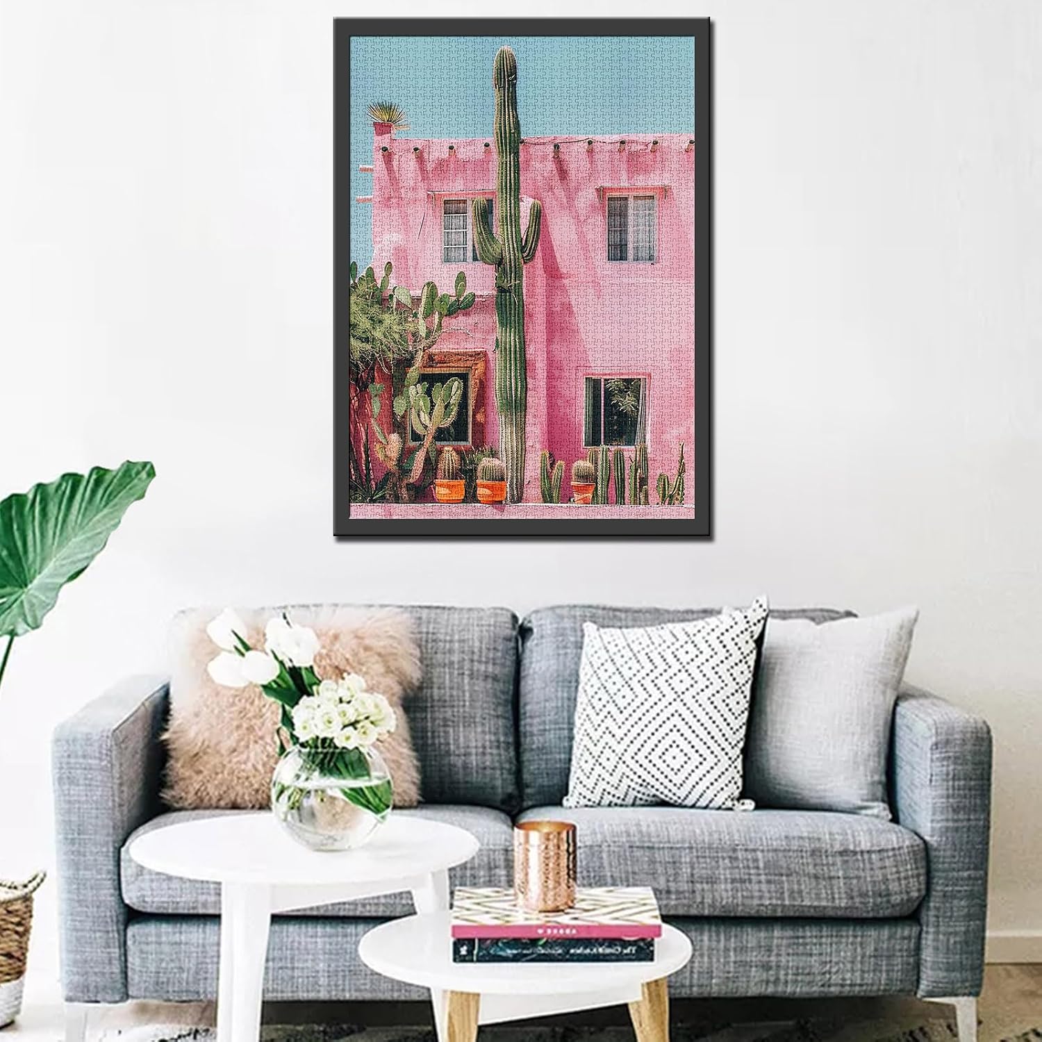 Tucocoo Pink House Jigsaw Puzzle 1000 Pieces Puzzles for Adults, Green Cactus Plant Vintage Style Artwork Jigsaw Puzzles for Challenging Family Activity Games Colorful DIY Puzzle for Home Decor Gifts
