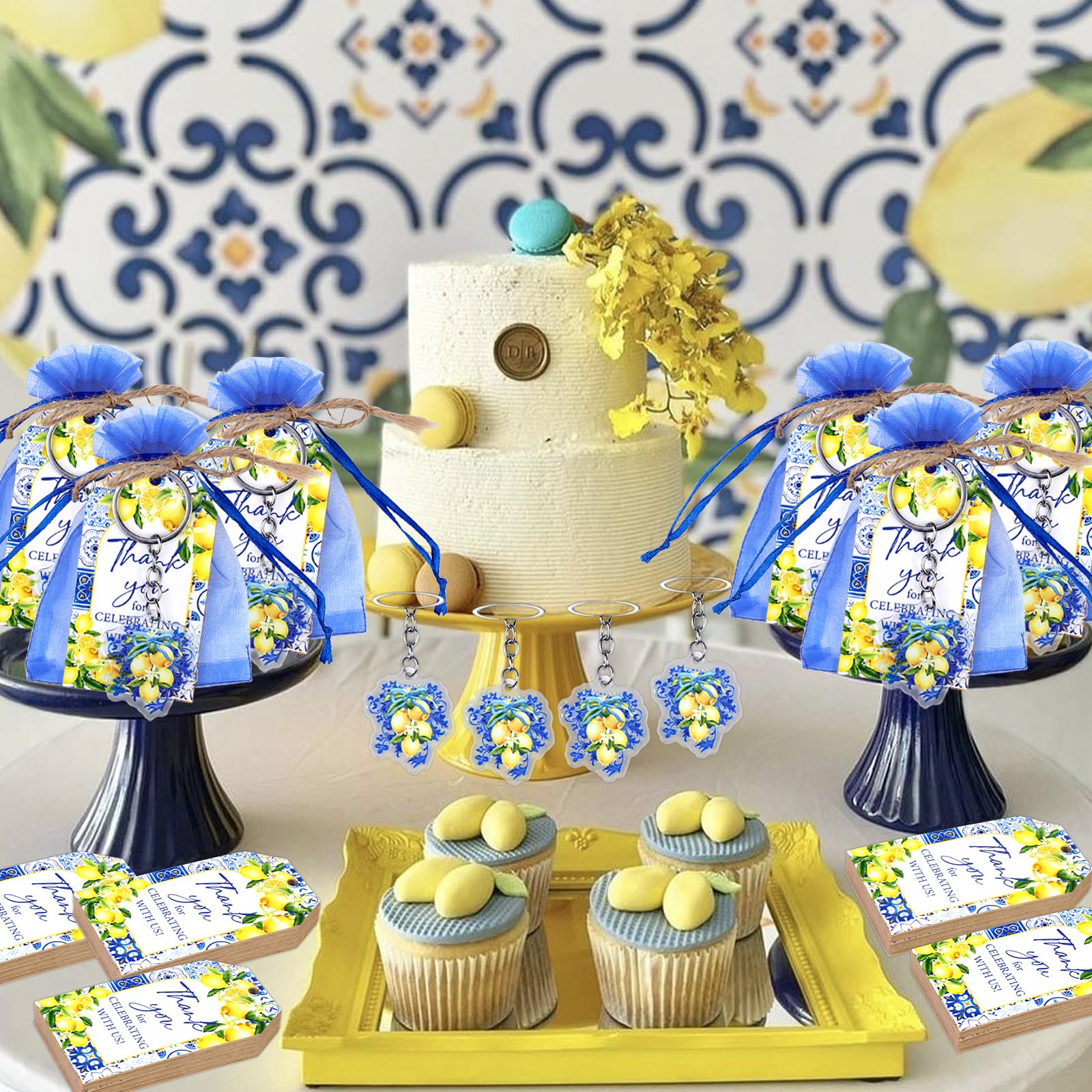 Serencatcher Lot de 72 cadeaux de fête au citron avec porte-clés en organza bleu avec cordon de serrage pour fête prénatale au citron « She Found Her Main Squeeze »