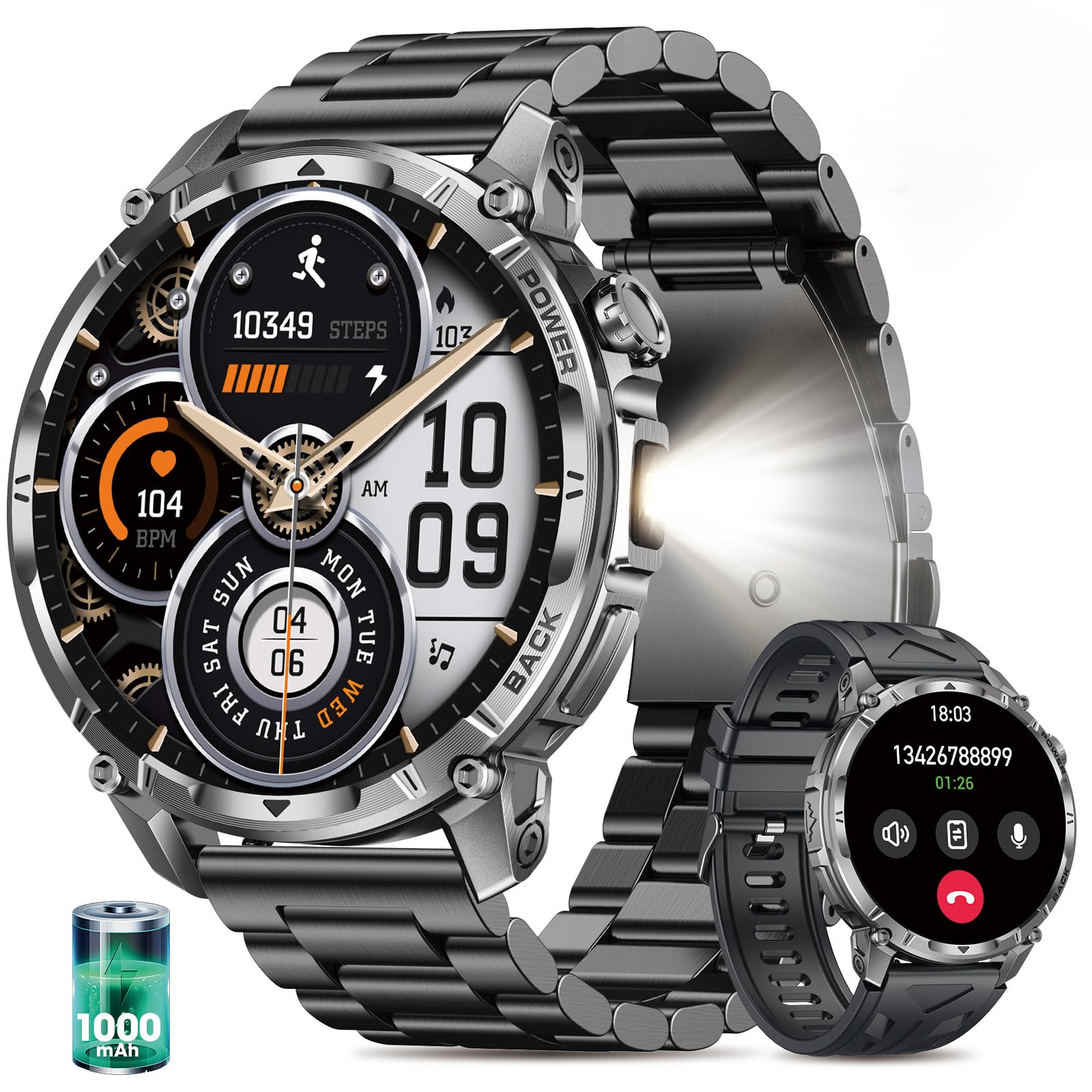 SLOKSFil Militär Smartwatch Herren mit 1000 mAh Akku/LED-Licht, 1.7" HD Touch Display Fitnessuhr mit Telefonfunktion, Pulsmesser SpO2 Schlafmonitor IP68 110+ Sportmodi, für Android iOS (Stahlband)