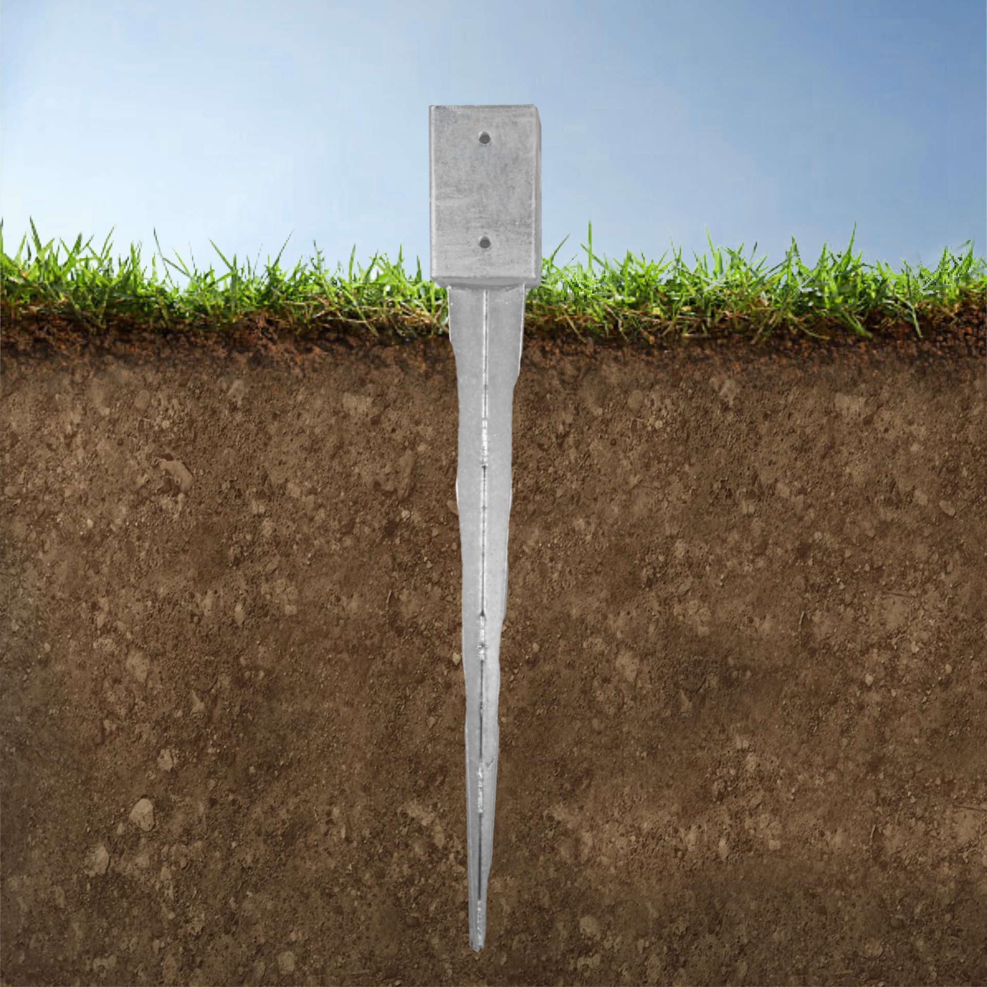 6 tasselli di ancoraggio a terra, 71 x 71 x 750 mm, zincati, per legni angolari | Da inserire nel terreno, senza cemento
