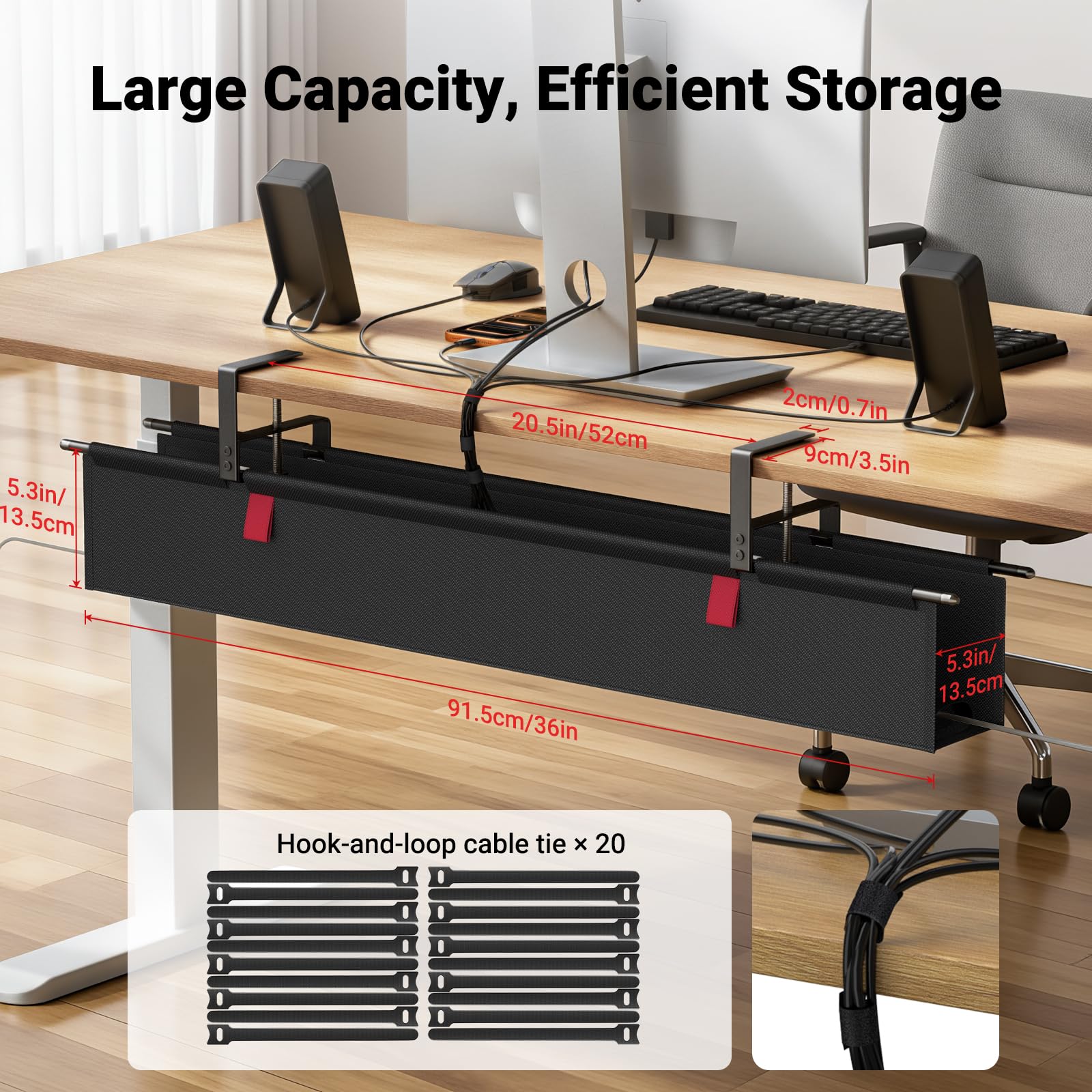 Housolution Plateau de Gestion de Câbles sous Bureau 36", Organisateur de Câbles en Tissu Premium, Plateau de Rangement sans Percage, Fixation par Serre-joint/Vis, pour Bureau et Maison, Noir