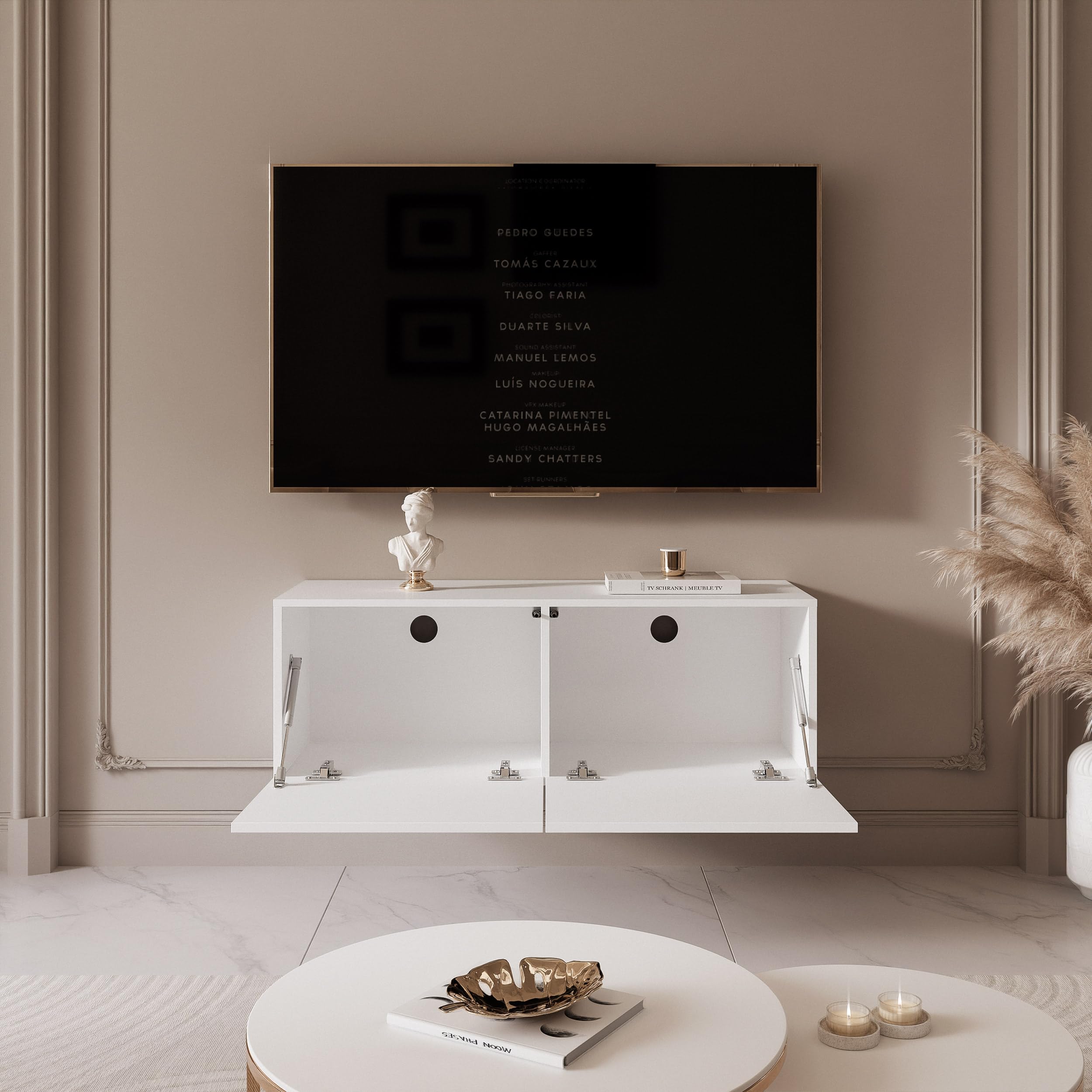 100 cm TV Lowboard Weiß Hochglanz 100cm mit 2 Praktischen Großen Fächern und LED Beleuchtung - TV Board Hängend Passend Für Stilvolle Wohnräume