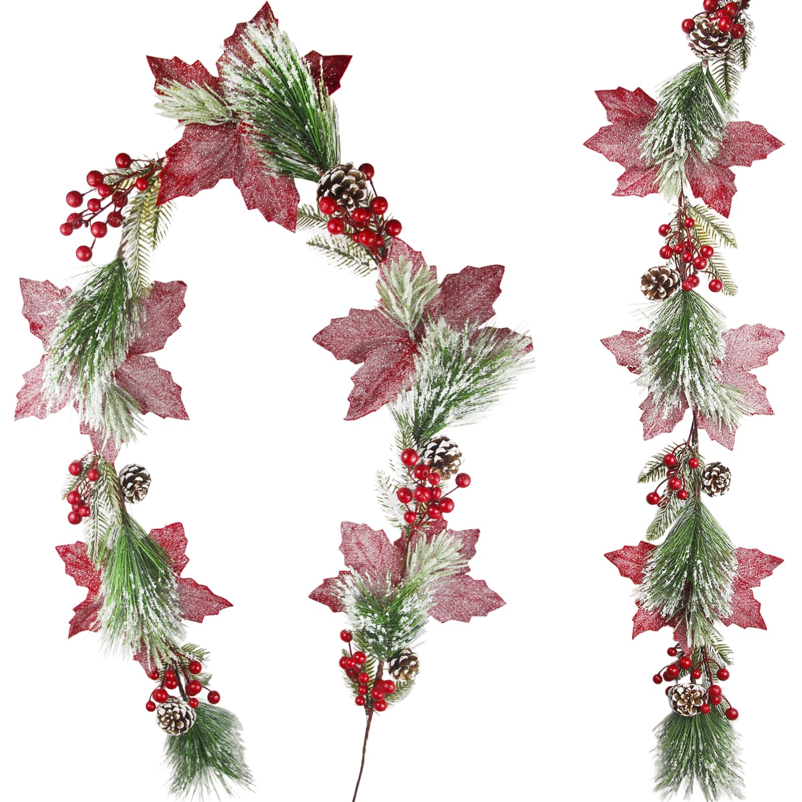 CISDUEO Guirnalda de flores de Pascua artificiales de Navidad, guirnalda de bayas artificiales rojas con piñas de pino para exteriores, interiores, chimenea, vacaciones, invierno, puerta, mesa, centro