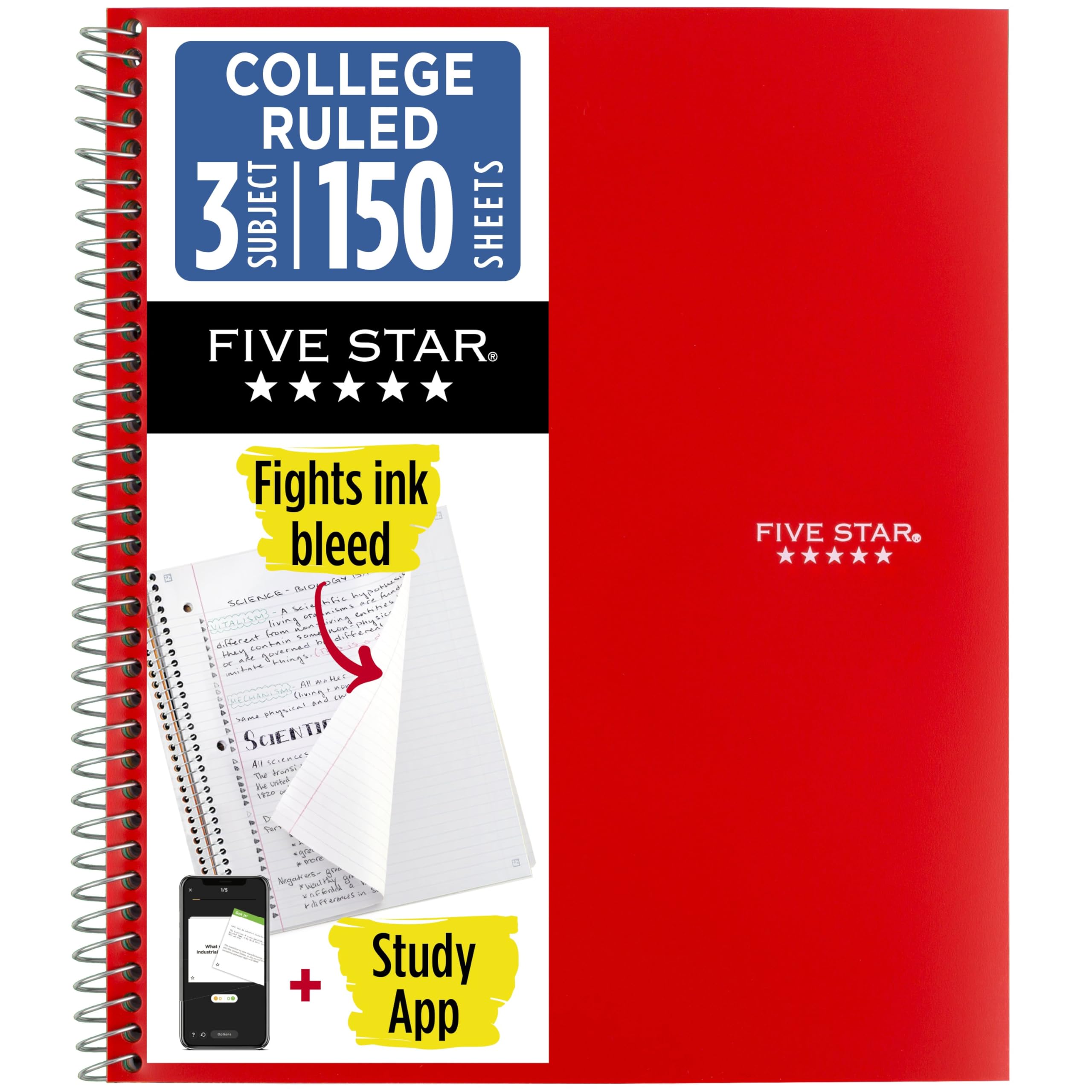 Five Star Spiral Notebook + Study App, 3 Subject, College Ruled Paper, 150 Sheets, 11" x 8-1/2", Fire Red, 1 Count (72065) — image 1