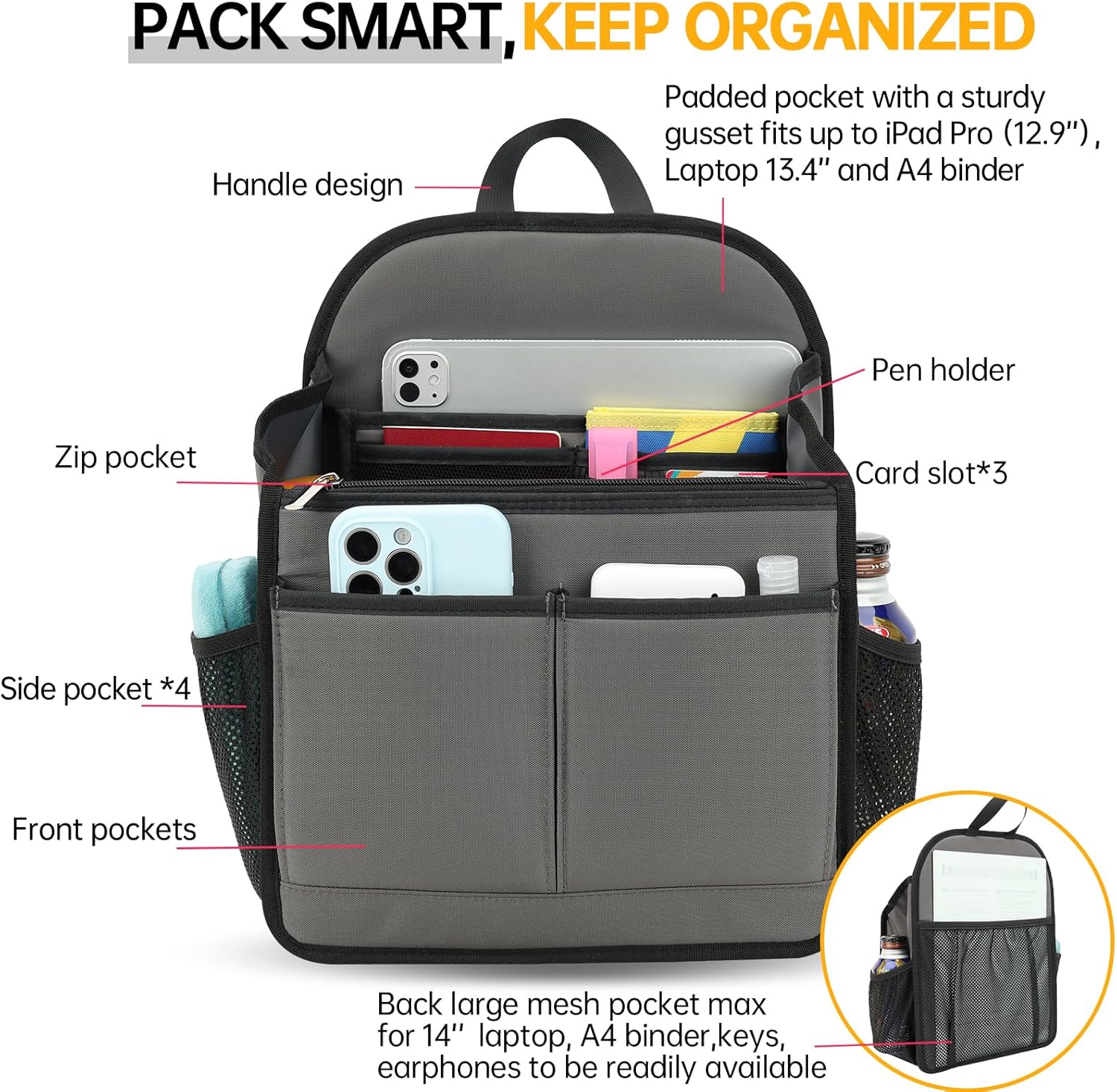 Large Premium Wider Rugged Backpack Organizer Insert for Men Women Work Travel -19 Pockets, Padded Nylon, Handle-Gray - Image 2