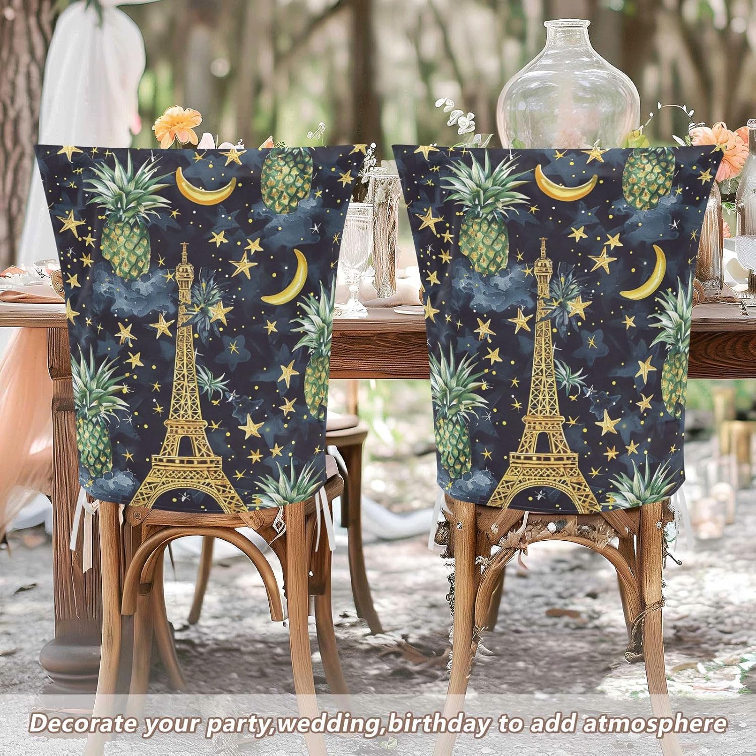 ALAZA Eiffel Tower Stars Pineapple Chair Back Cover Set of 6, Washable Reusable Removable Chair Slipcovers Decorative Chair Cover for Home Kitchen Wedding Party