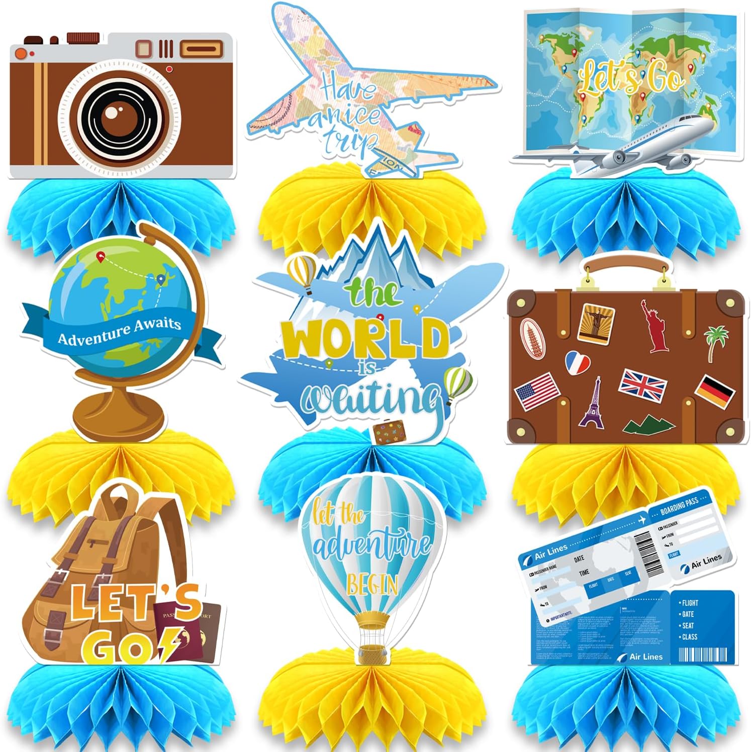 9Pcs Travel Table Centerpieces, Adventure Awaits Table Toppers, Around The World Travel Theme Table Decorations for Going Away Party, Let The Adventure Begin Travel Party Supplies