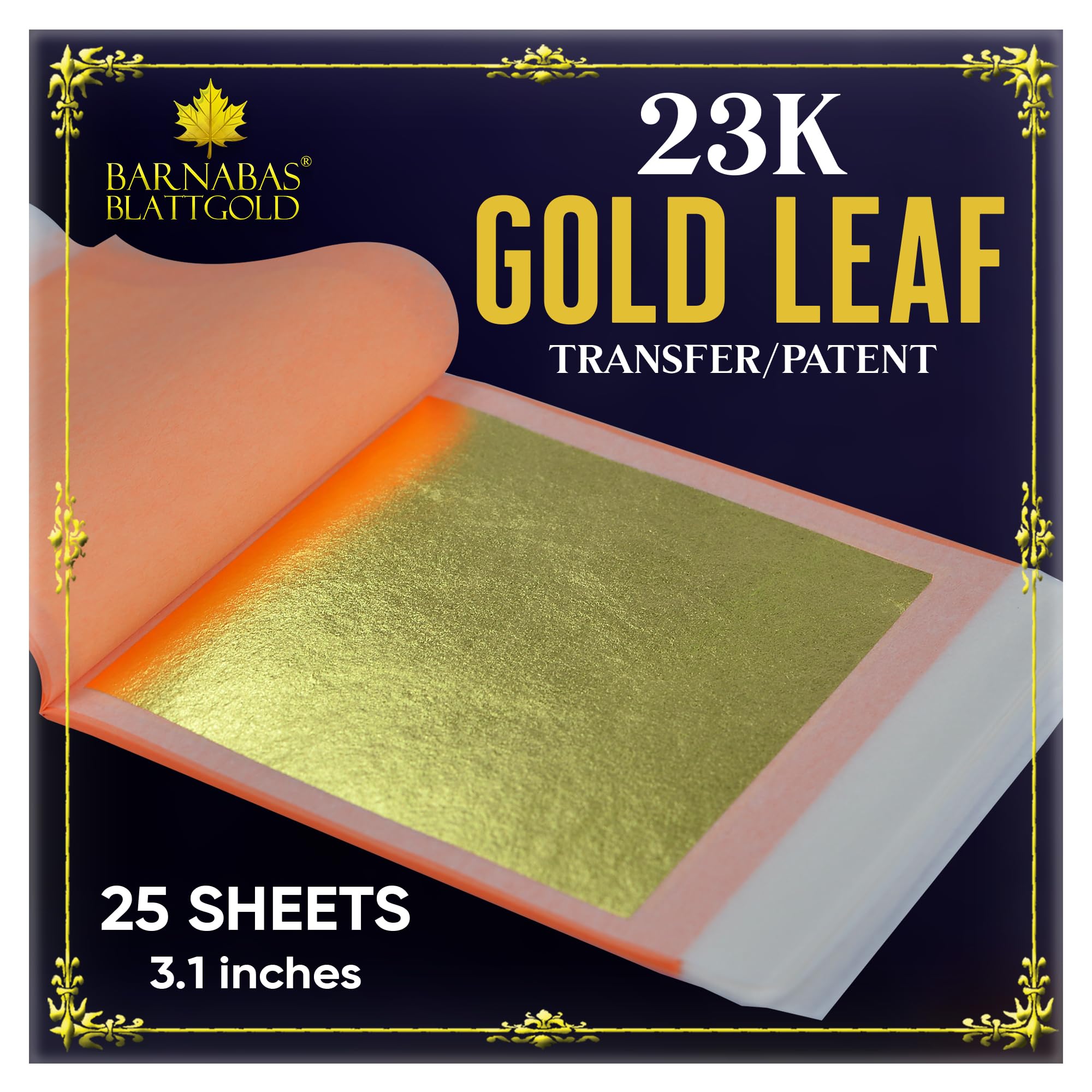 BARNABAS BLATTGOLD Gold Leaf - 23K Real Gold [25 Sheets, 3.1 inches] - Transfer Patent for Painting, Arts and Crafts