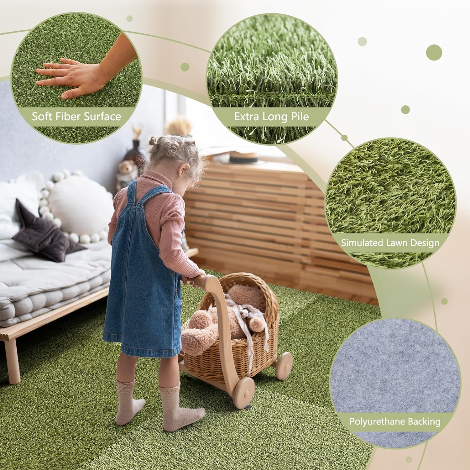 HAGiHARA Japanese Tatami Mat, Patchwork Tatami Floor Mats,64" x 64" Foldable Square with Extra Long Pile, Fluffy Plush Anti Slip for Living Room, Bedroom,Baby Room(4 Pieces)