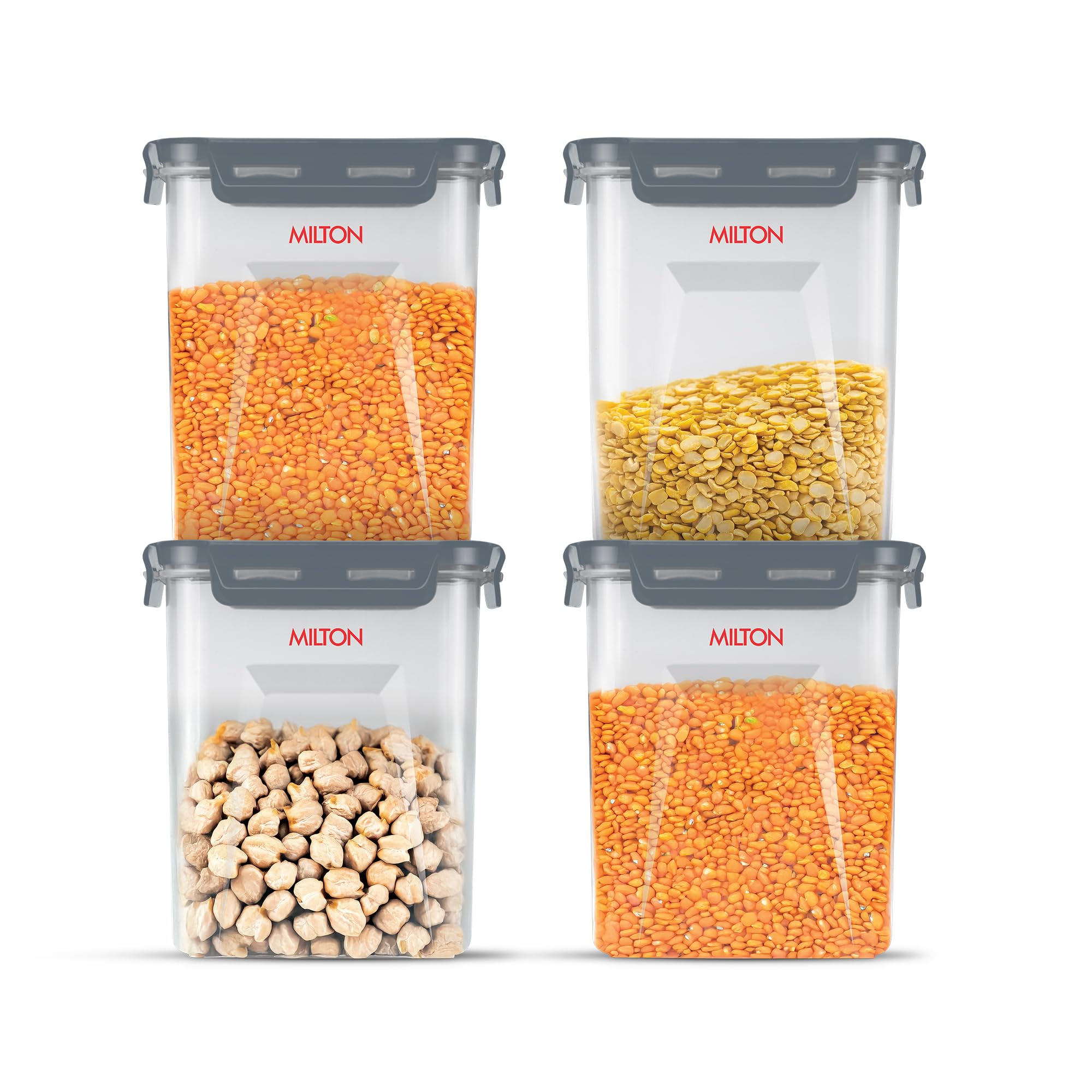 MILTON Lock It Modular Kitchen Container Setof 4, 2490 ml each I Airtight Lid | BPA-Free Food Grade | Four Side Lock Lid I Transparent, Stackable I Dishwasher Safe I Ideal for Atta, Rice, Flour