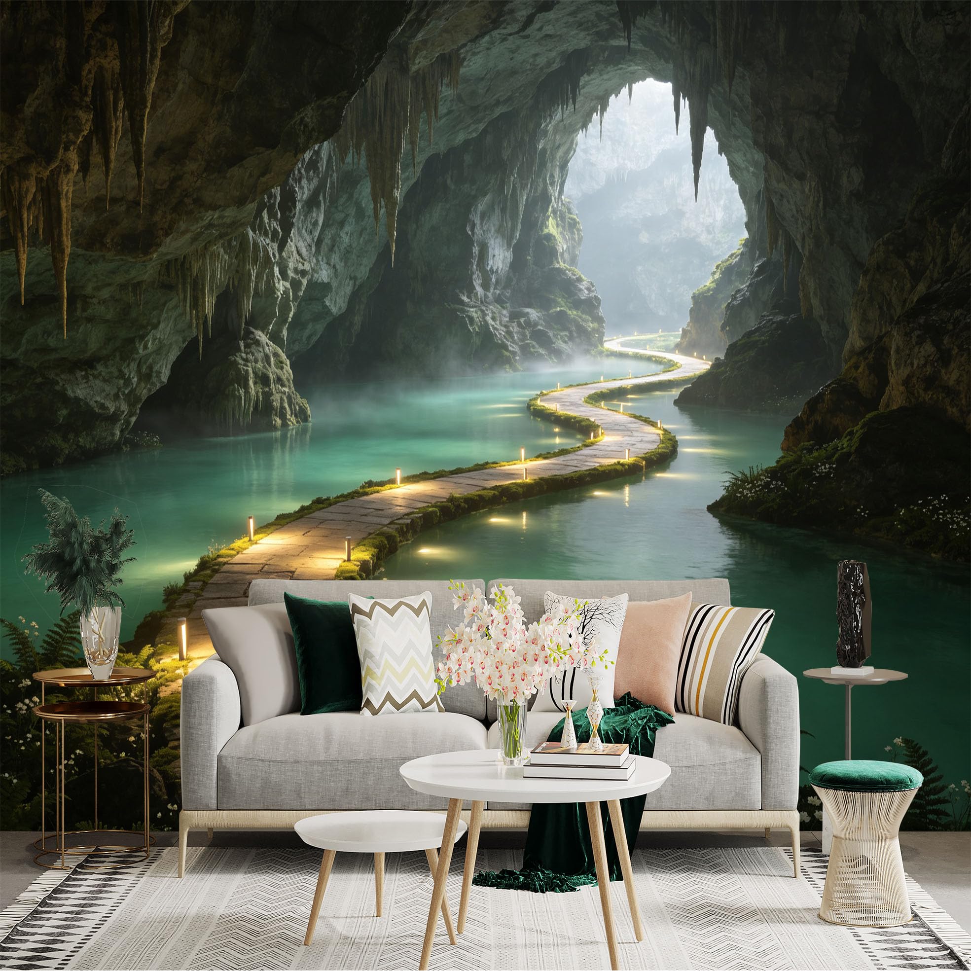 Custom Size Wall Sticker Mural， Mysterious Limestone Cave， Glowing Stone Pathway， Tranquil Underground Lake， Soft Foggy Atmosphere， for wall Decoration， peelandstick wall Decals.